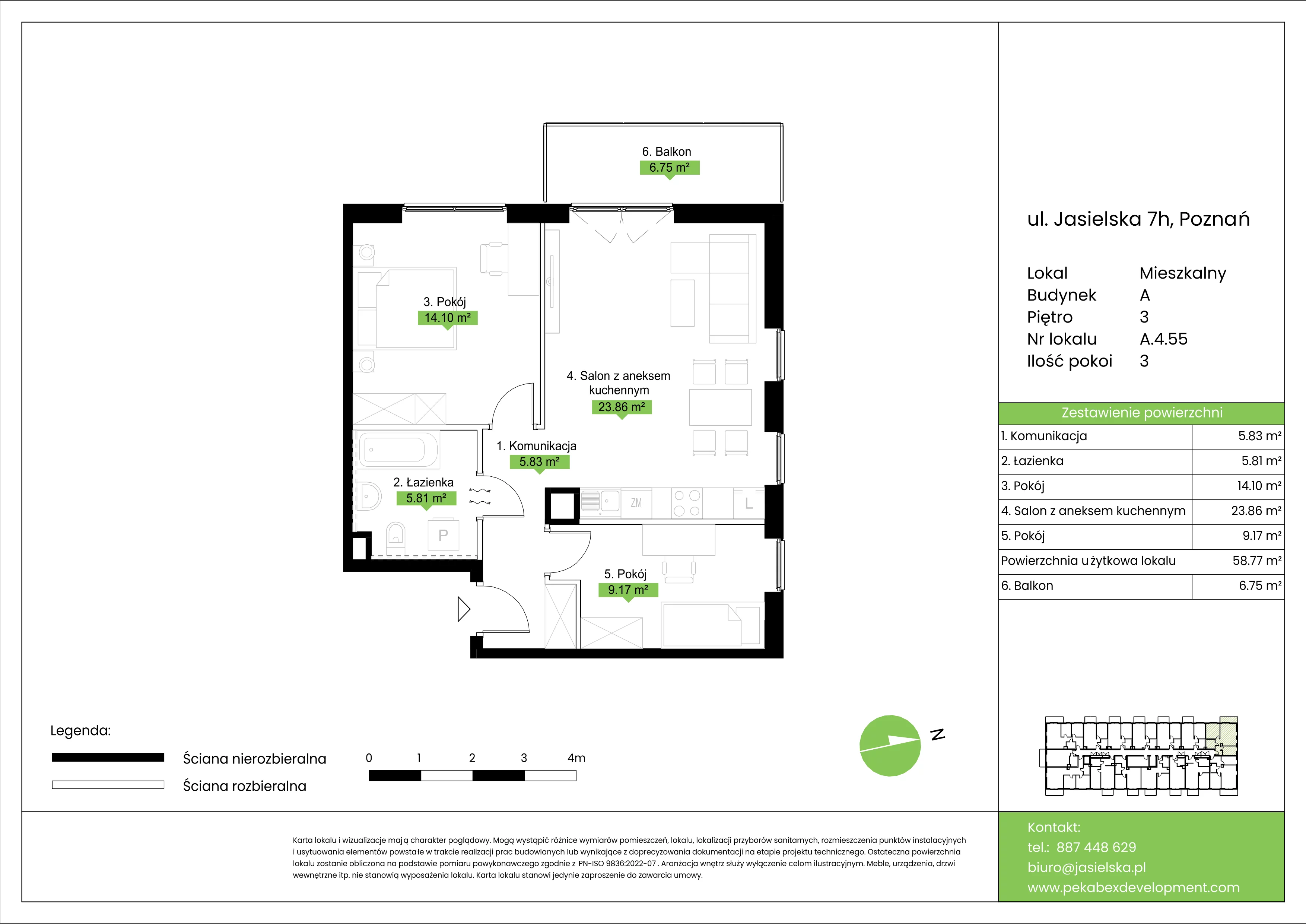 3 pokoje, mieszkanie 58,77 m², piętro 3, oferta nr A.4.55, JA_SIELSKA etap V, Poznań, Podolany, Podolany, ul. Jasielska