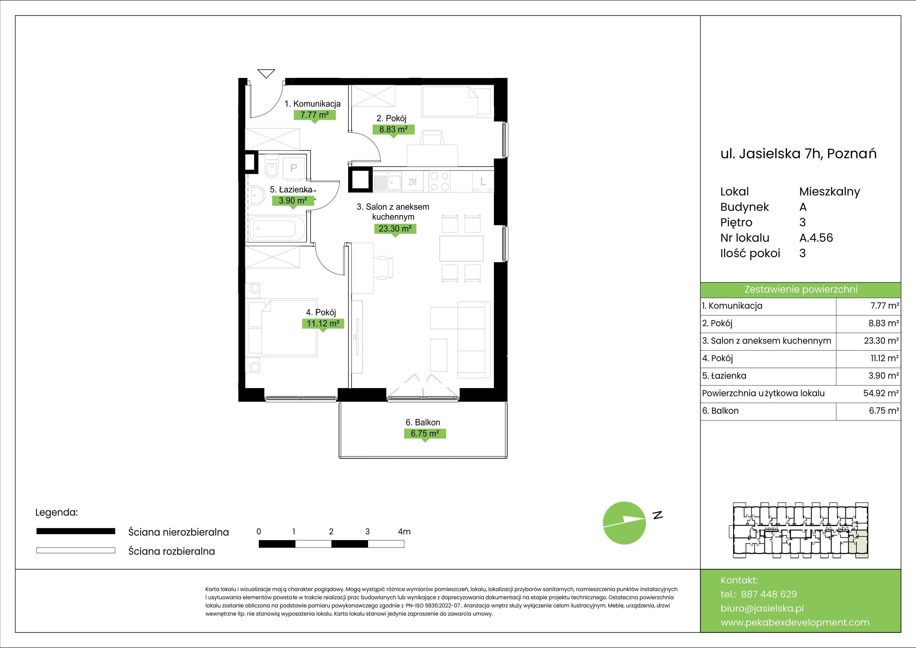 3 pokoje, mieszkanie 54,92 m², piętro 3, oferta nr A.4.56, JA_SIELSKA etap V, Poznań, Podolany, Podolany, ul. Jasielska