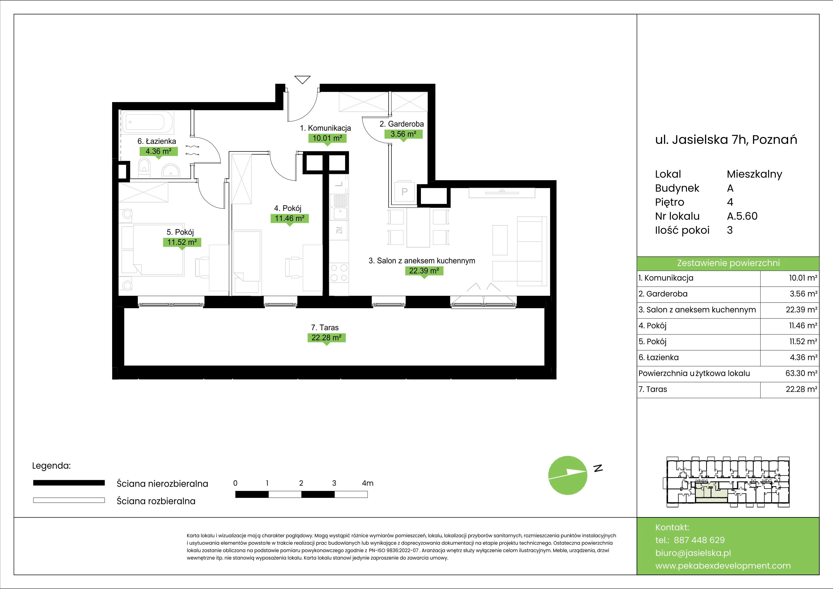 3 pokoje, mieszkanie 63,30 m², piętro 4, oferta nr A.5.60, JA_SIELSKA etap V, Poznań, Podolany, Podolany, ul. Jasielska
