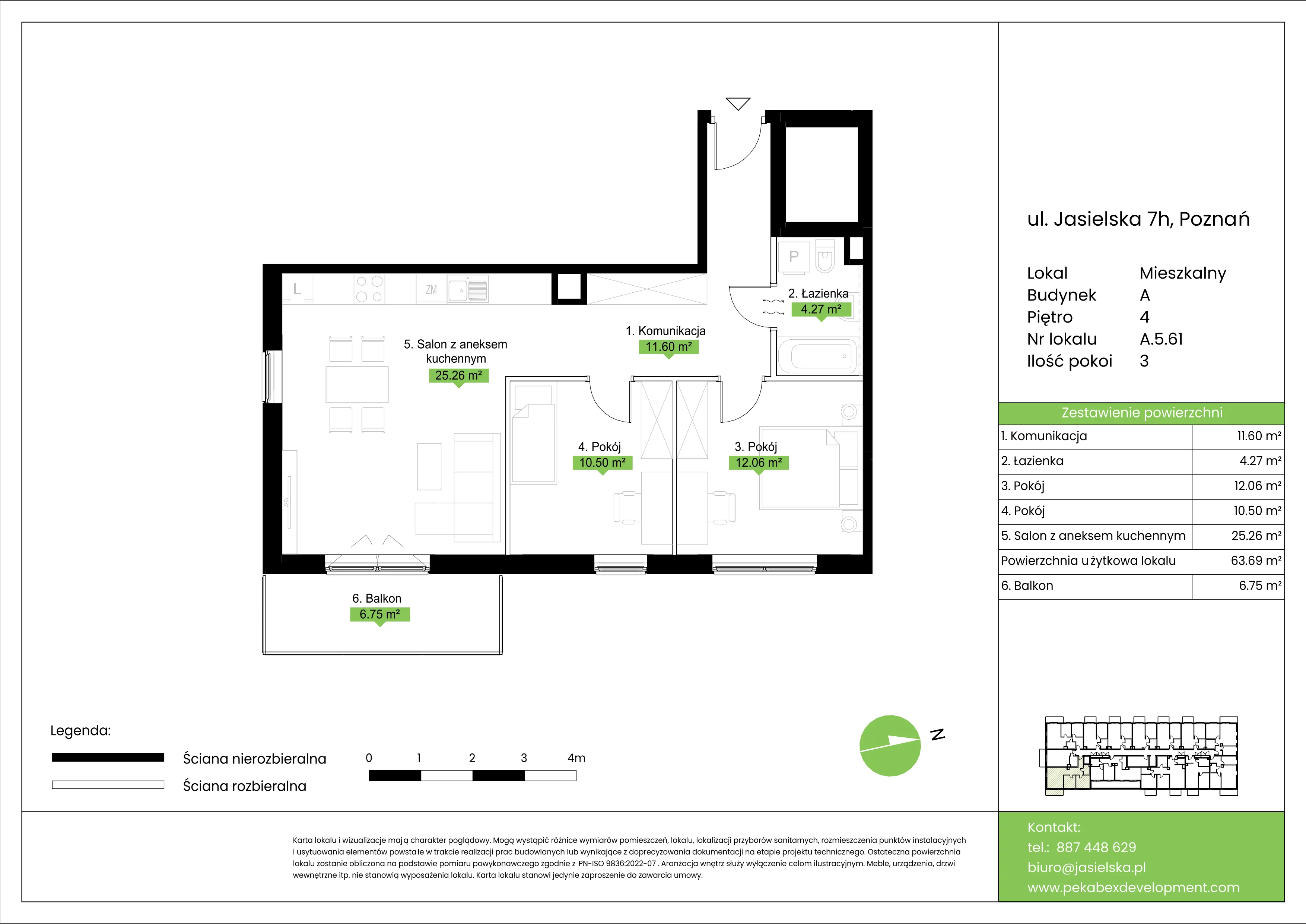 3 pokoje, mieszkanie 63,69 m², piętro 4, oferta nr A.5.61, JA_SIELSKA etap V, Poznań, Podolany, Podolany, ul. Jasielska