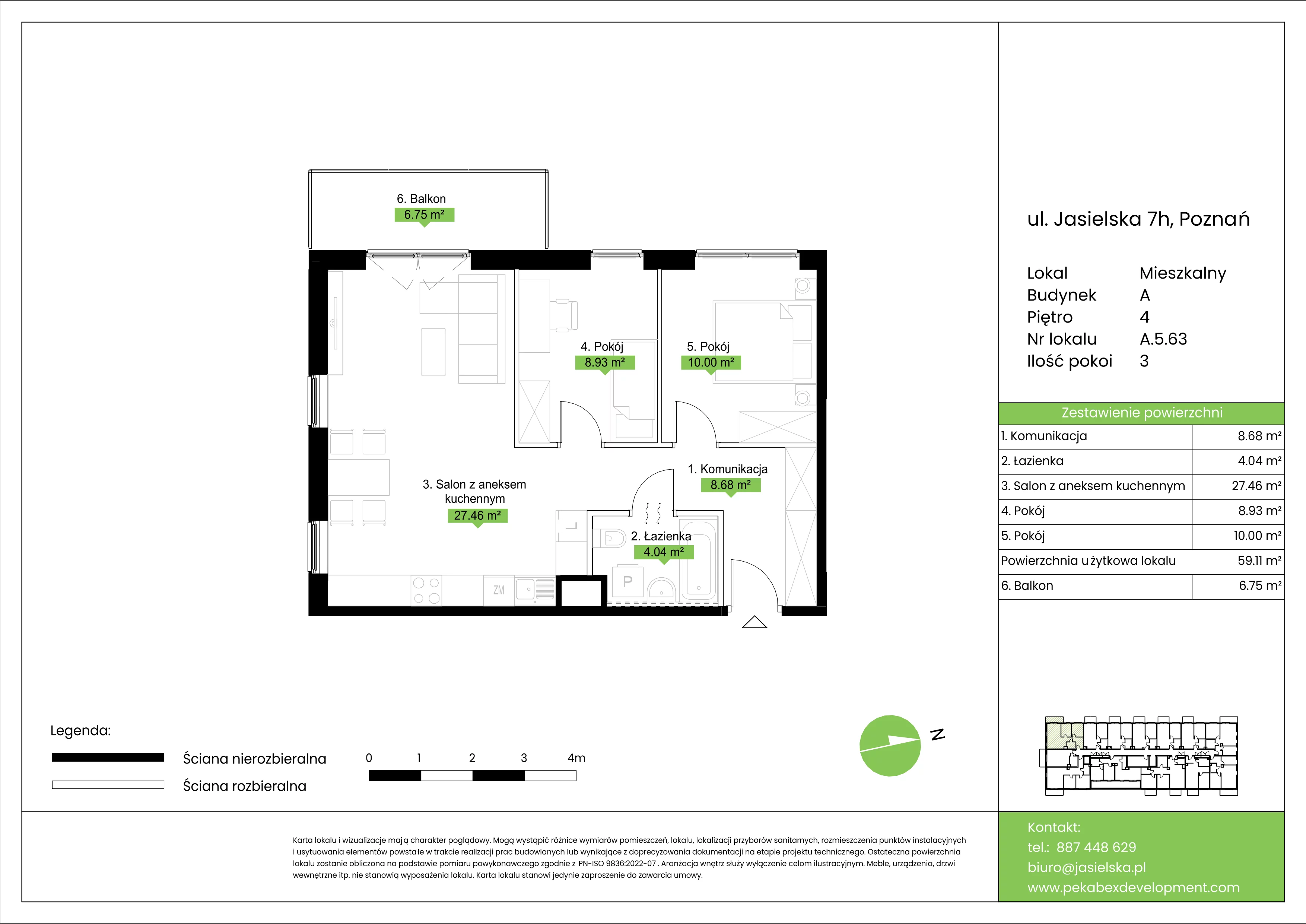 3 pokoje, mieszkanie 59,11 m², piętro 4, oferta nr A.5.63, JA_SIELSKA etap V, Poznań, Podolany, Podolany, ul. Jasielska