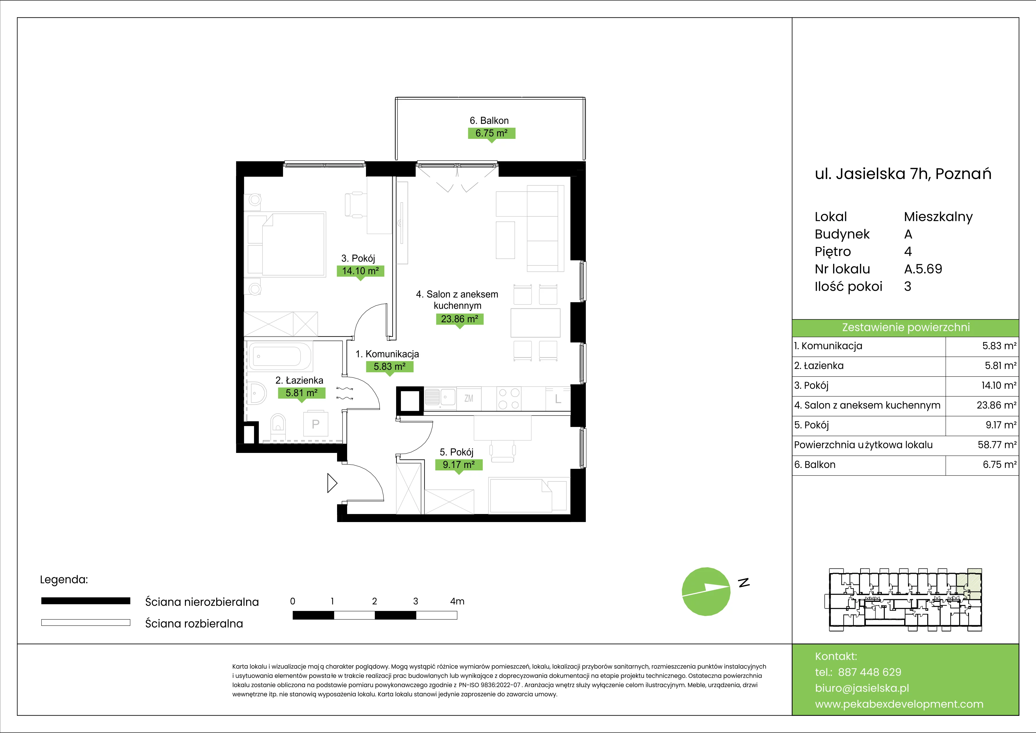 3 pokoje, mieszkanie 58,77 m², piętro 4, oferta nr A.5.69, JA_SIELSKA etap V, Poznań, Podolany, Podolany, ul. Jasielska