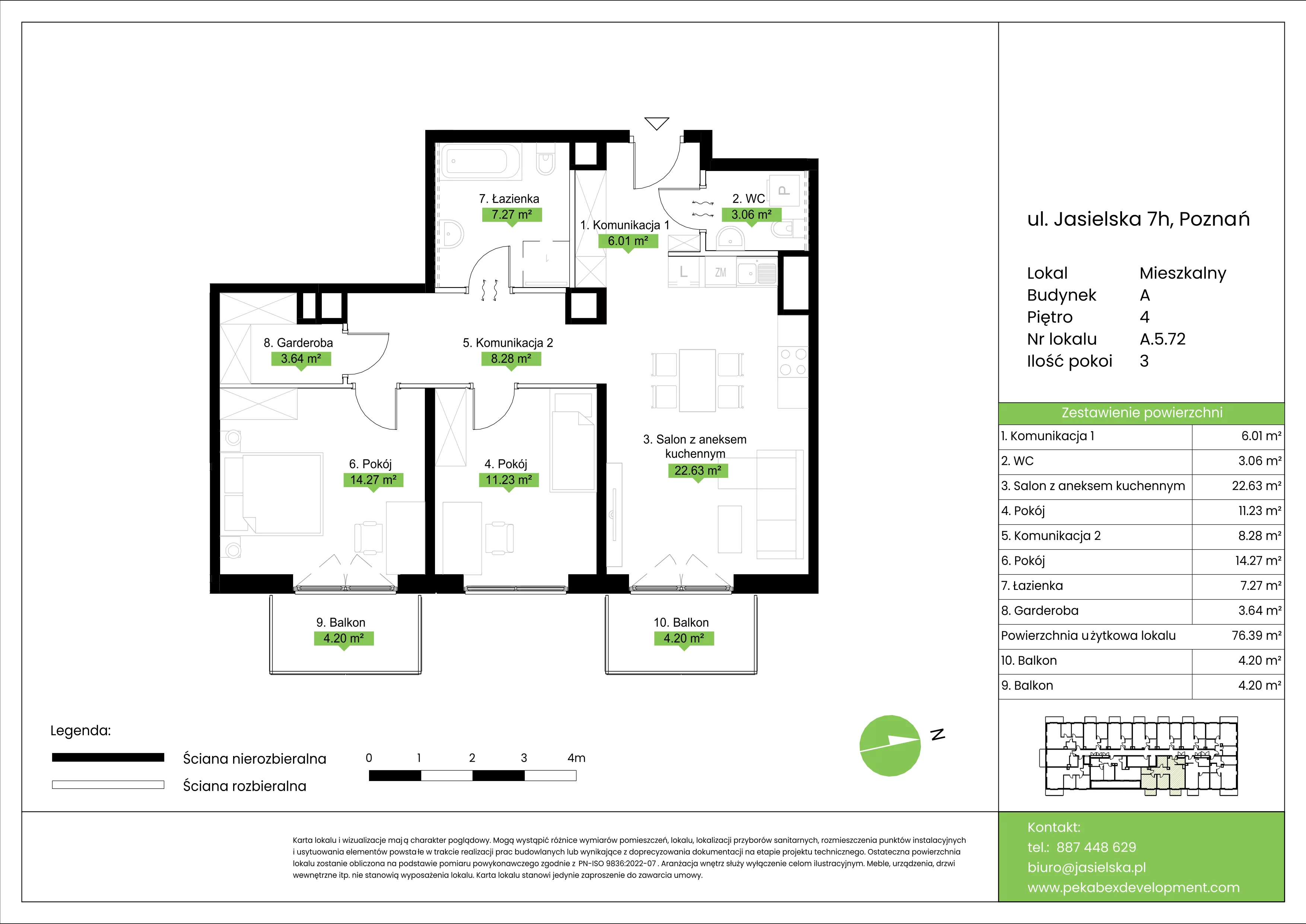 3 pokoje, mieszkanie 76,39 m², piętro 4, oferta nr A.5.72, JA_SIELSKA etap V, Poznań, Podolany, Podolany, ul. Jasielska