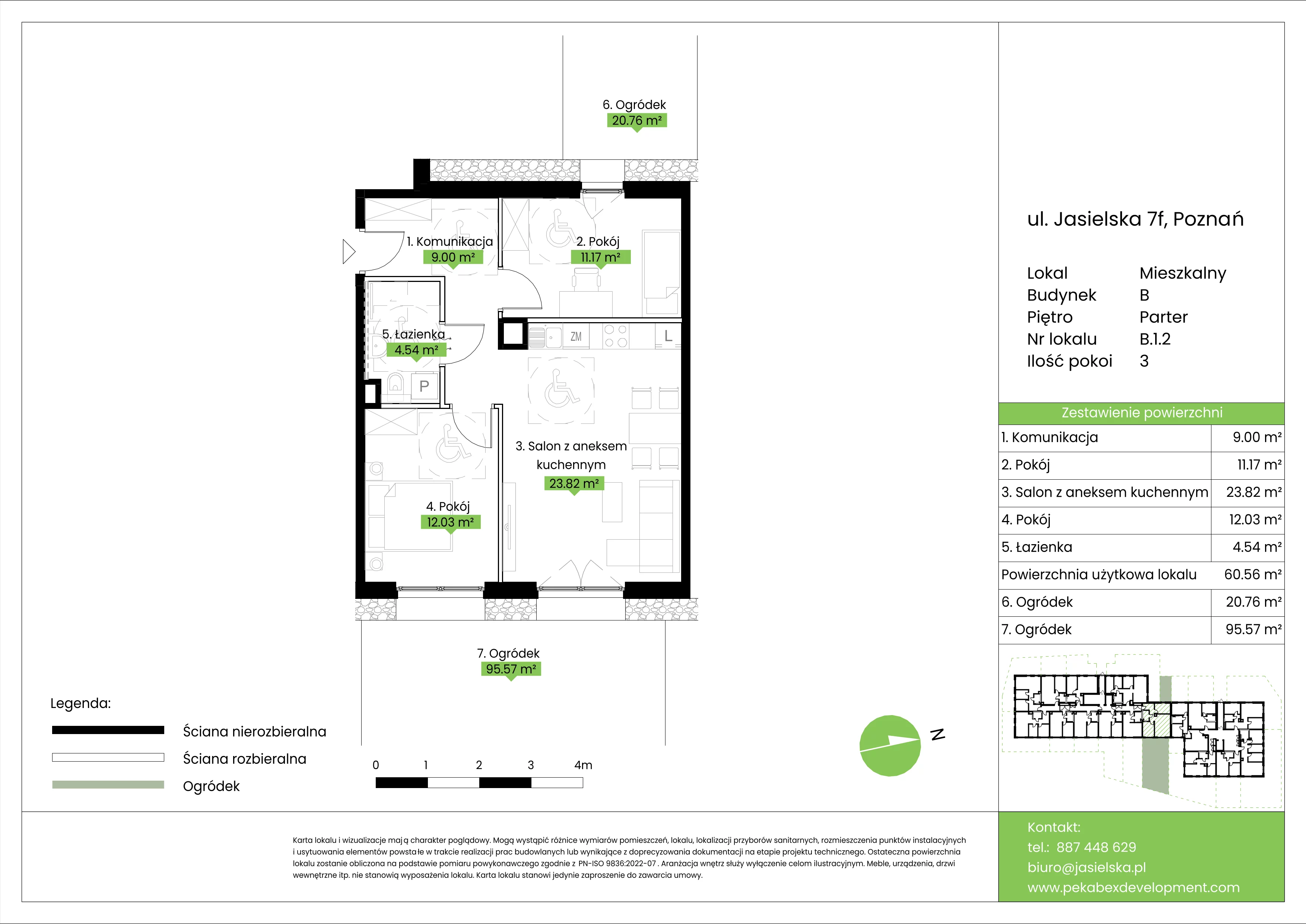 3 pokoje, mieszkanie 60,56 m², parter, oferta nr B.1.2, JA_SIELSKA etap V, Poznań, Podolany, Podolany, ul. Jasielska