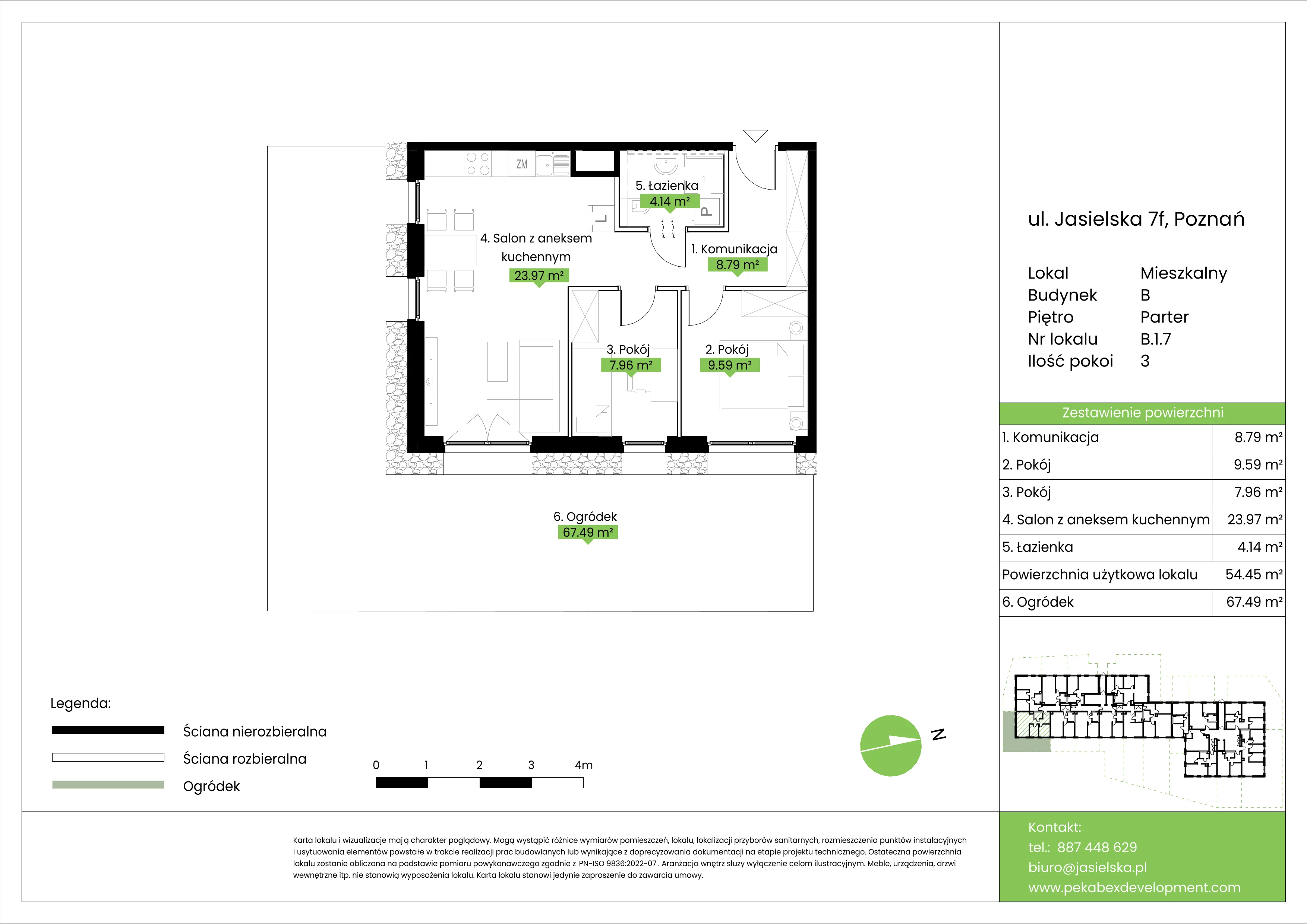 3 pokoje, mieszkanie 54,45 m², parter, oferta nr B.1.7, JA_SIELSKA etap V, Poznań, Podolany, Podolany, ul. Jasielska