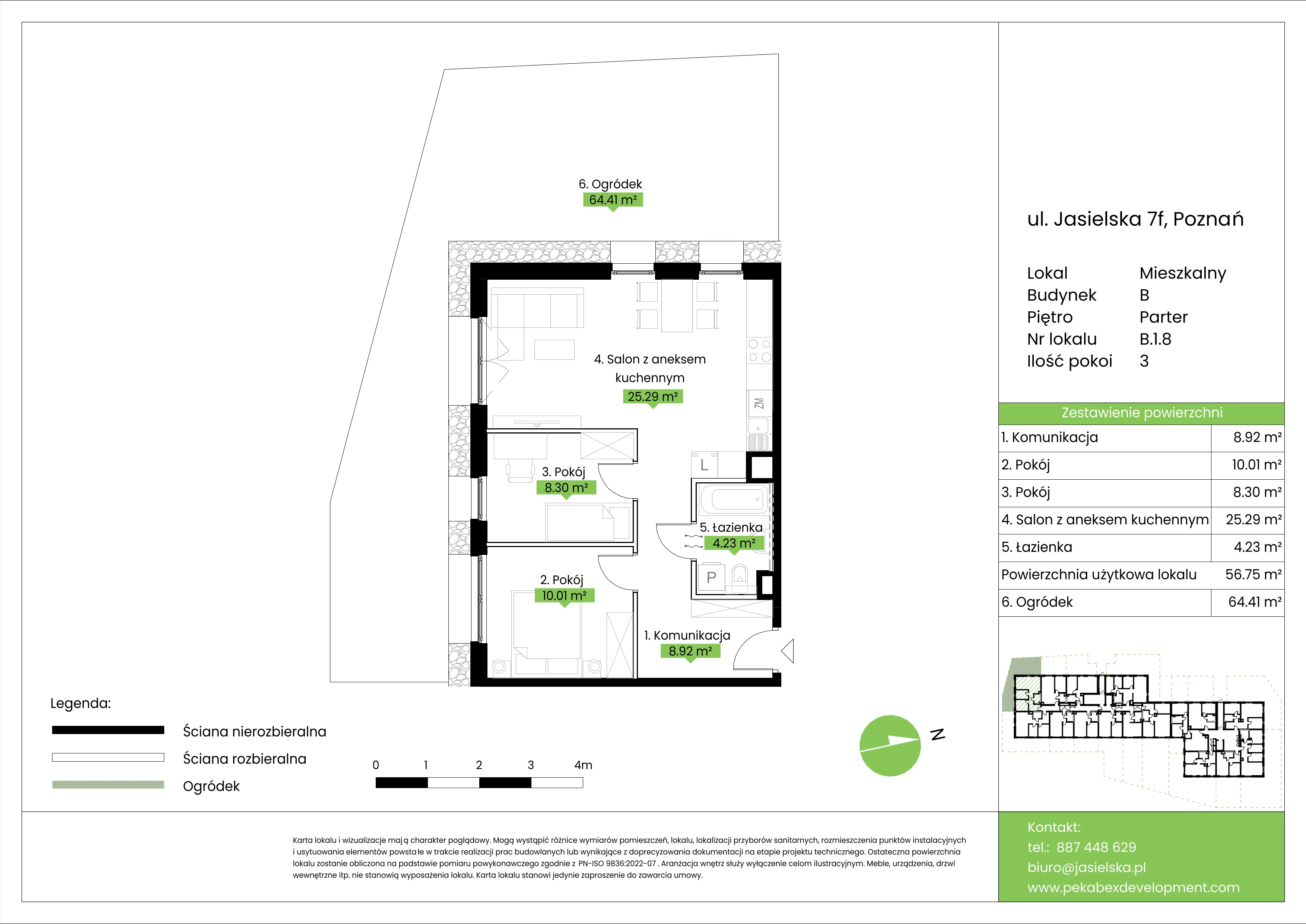 3 pokoje, mieszkanie 56,75 m², parter, oferta nr B.1.8, JA_SIELSKA etap V, Poznań, Podolany, Podolany, ul. Jasielska