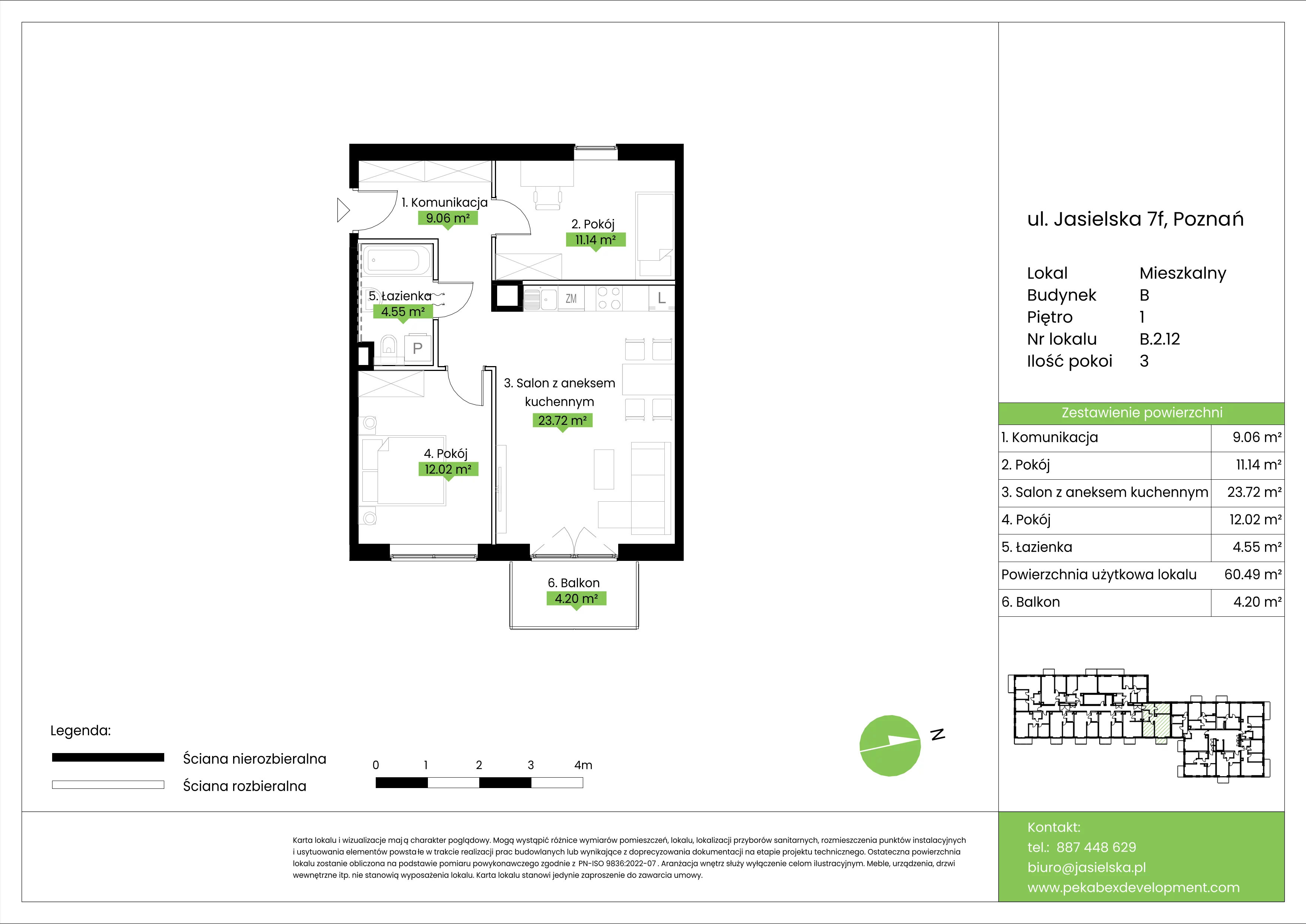 3 pokoje, mieszkanie 60,49 m², piętro 1, oferta nr B.2.12, JA_SIELSKA etap V, Poznań, Podolany, Podolany, ul. Jasielska