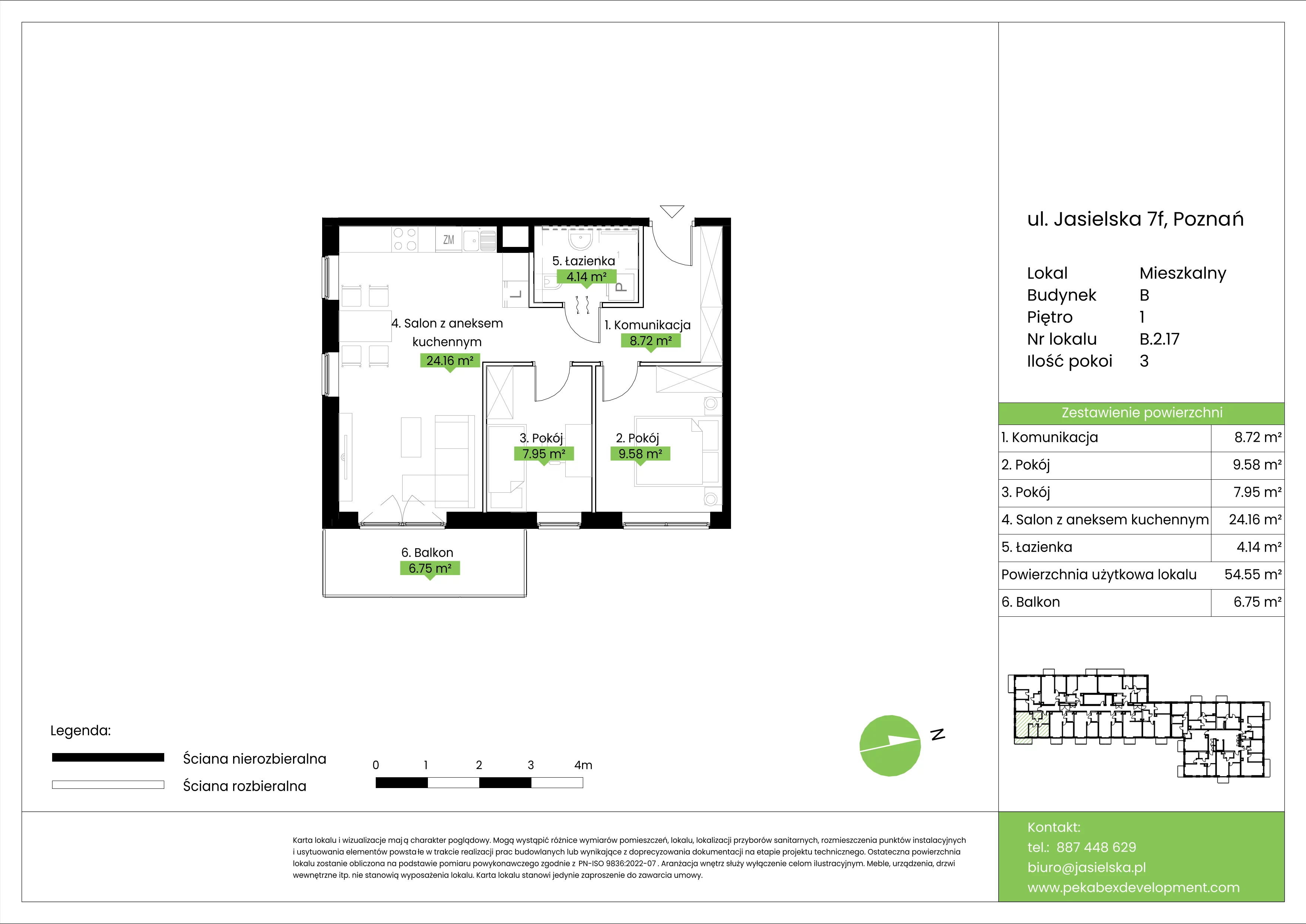 3 pokoje, mieszkanie 54,55 m², piętro 1, oferta nr B.2.17, JA_SIELSKA etap V, Poznań, Podolany, Podolany, ul. Jasielska
