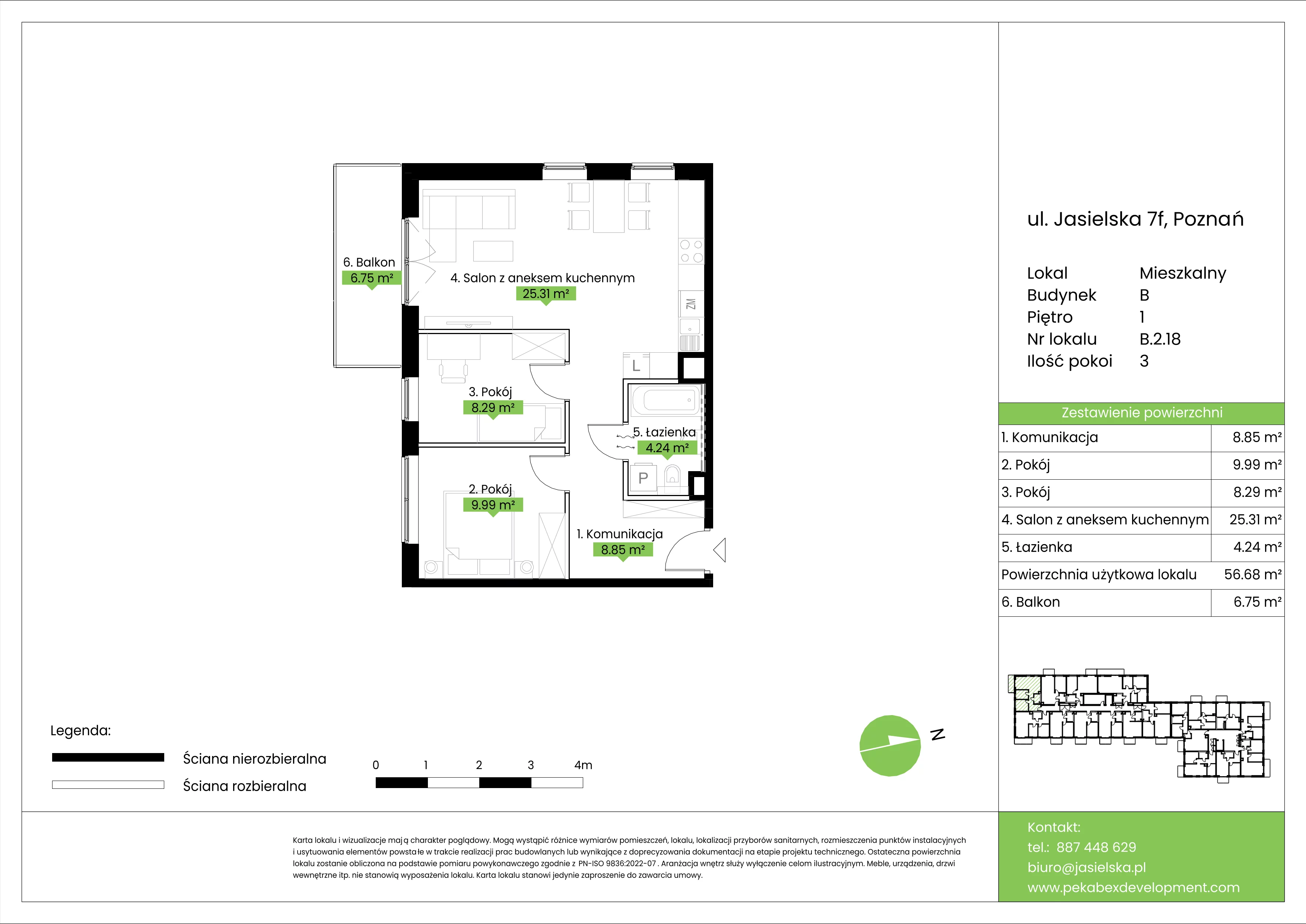 3 pokoje, mieszkanie 56,68 m², piętro 1, oferta nr B.2.18, JA_SIELSKA etap V, Poznań, Podolany, Podolany, ul. Jasielska