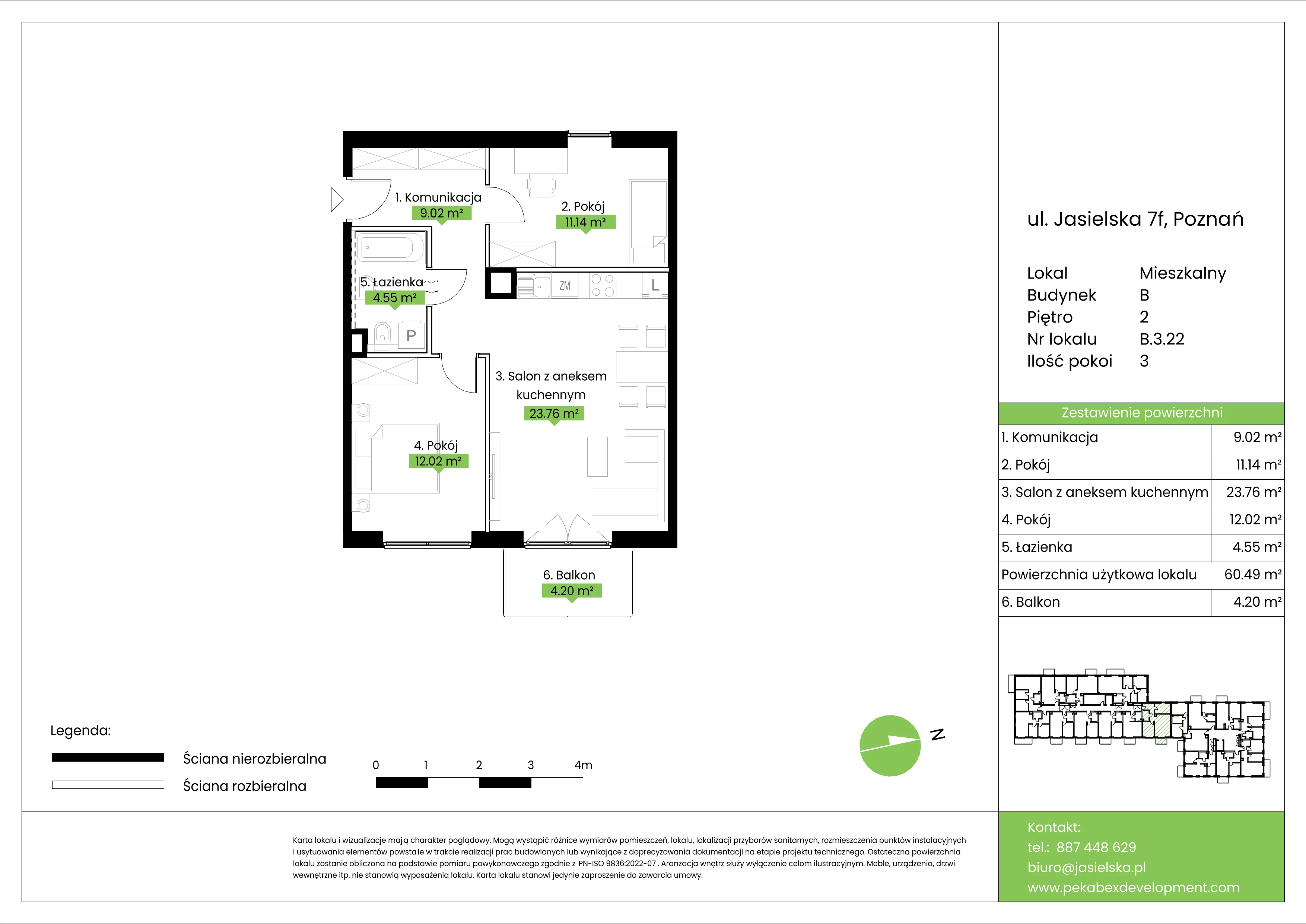 3 pokoje, mieszkanie 60,49 m², piętro 2, oferta nr B.3.22, JA_SIELSKA etap V, Poznań, Podolany, Podolany, ul. Jasielska