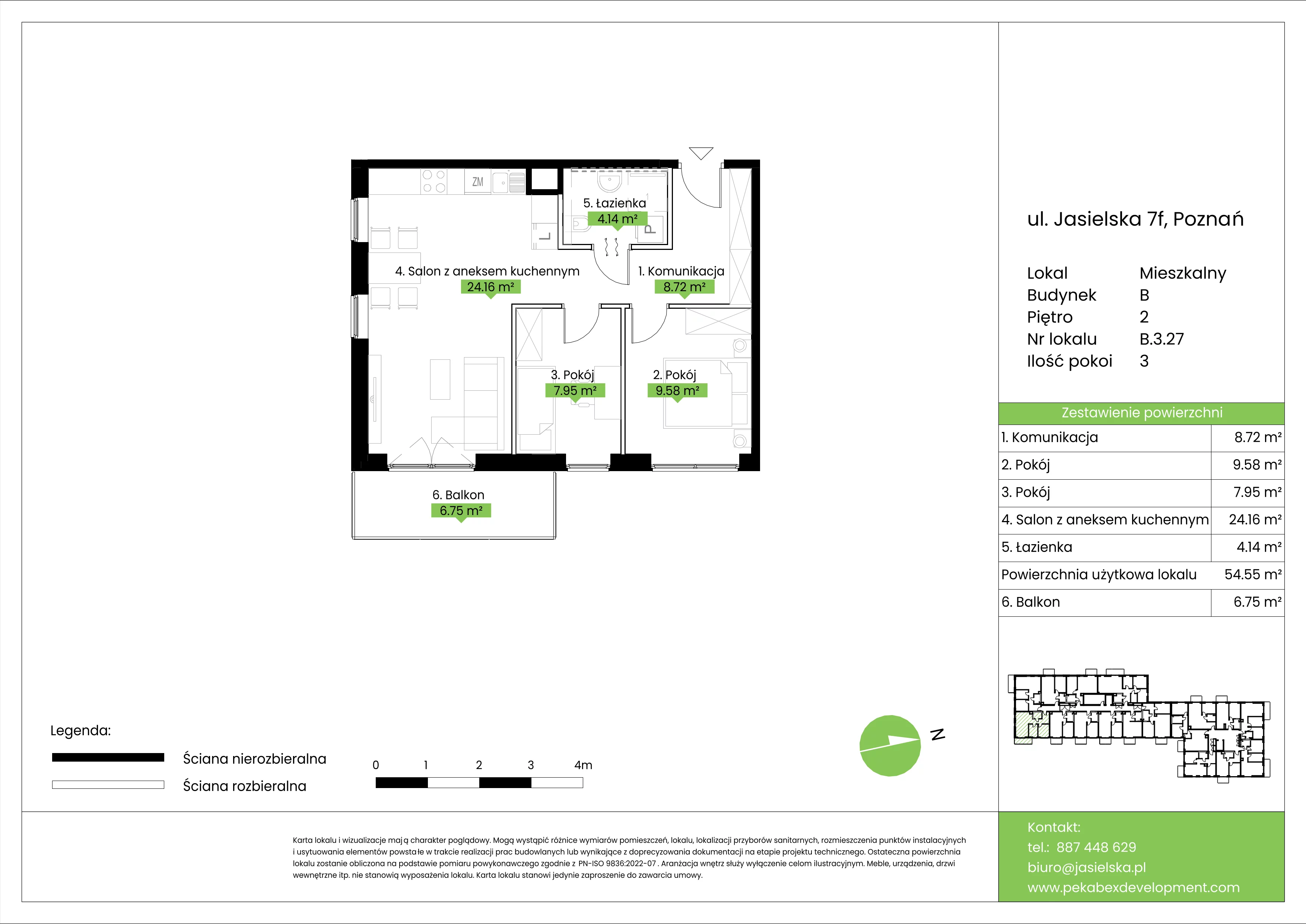 3 pokoje, mieszkanie 54,55 m², piętro 2, oferta nr B.3.27, JA_SIELSKA etap V, Poznań, Podolany, Podolany, ul. Jasielska