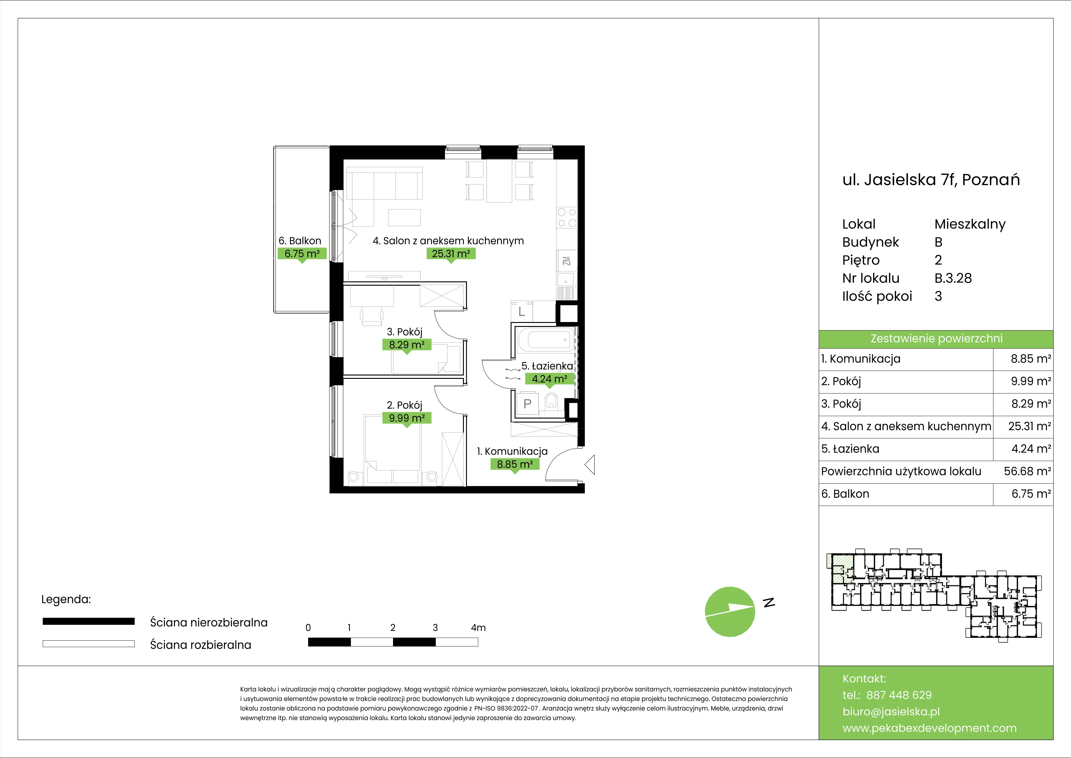 3 pokoje, mieszkanie 56,68 m², piętro 2, oferta nr B.3.28, JA_SIELSKA etap V, Poznań, Podolany, Podolany, ul. Jasielska