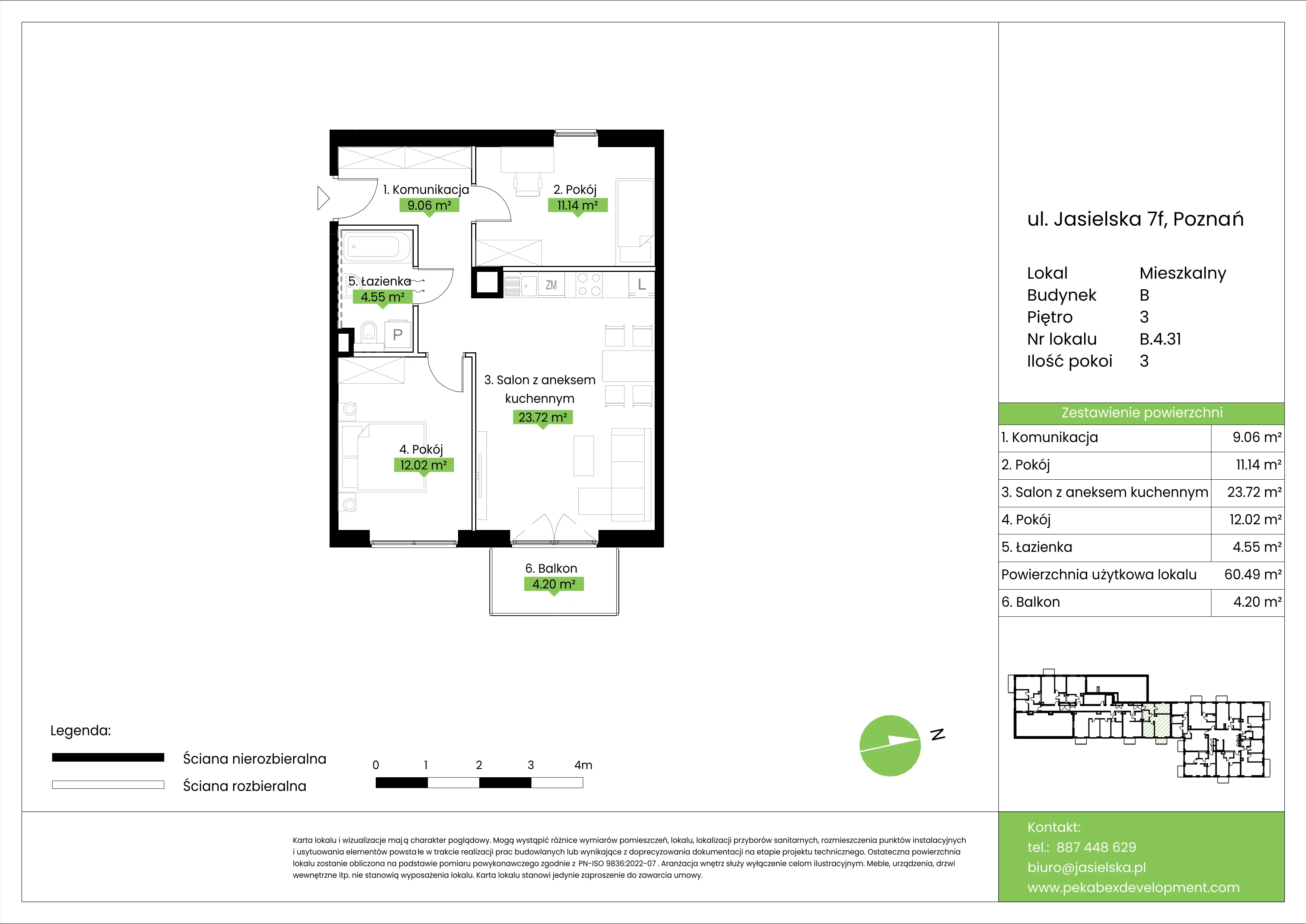 3 pokoje, mieszkanie 60,49 m², piętro 3, oferta nr B.4.31, JA_SIELSKA etap V, Poznań, Podolany, Podolany, ul. Jasielska