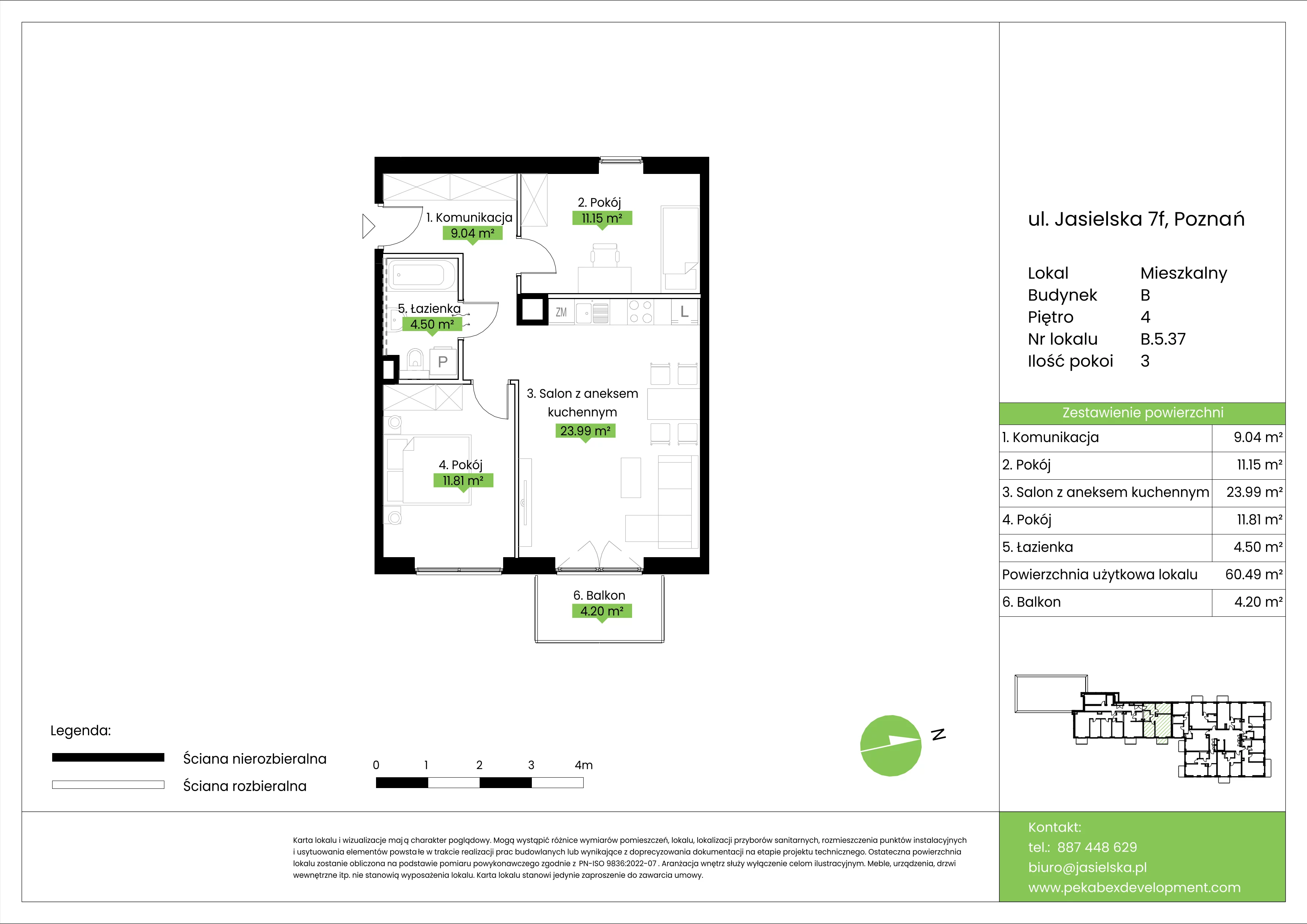 3 pokoje, mieszkanie 60,49 m², piętro 4, oferta nr B.5.37, JA_SIELSKA etap V, Poznań, Podolany, Podolany, ul. Jasielska