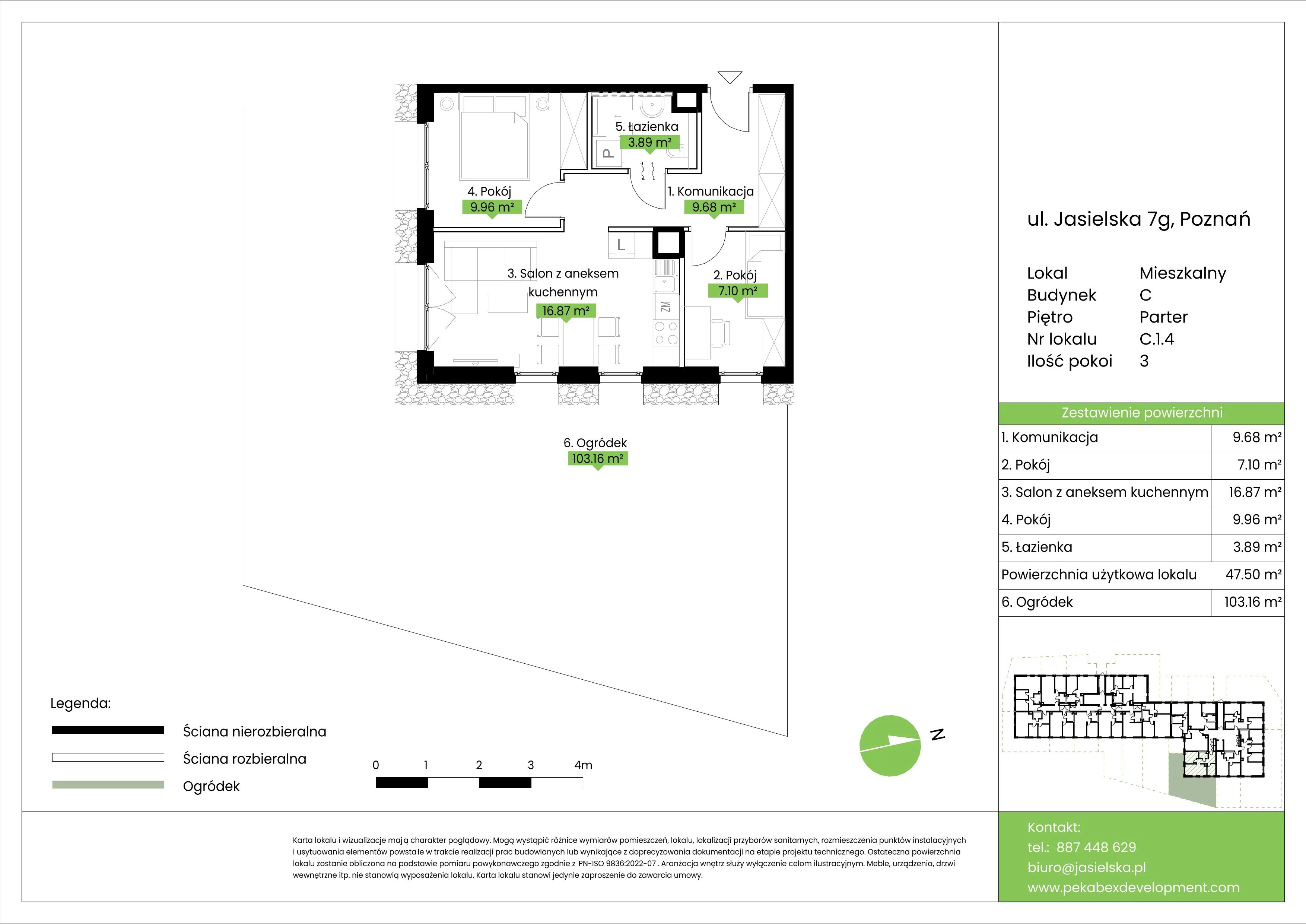 3 pokoje, mieszkanie 47,50 m², parter, oferta nr C.1.4, JA_SIELSKA etap V, Poznań, Podolany, Podolany, ul. Jasielska