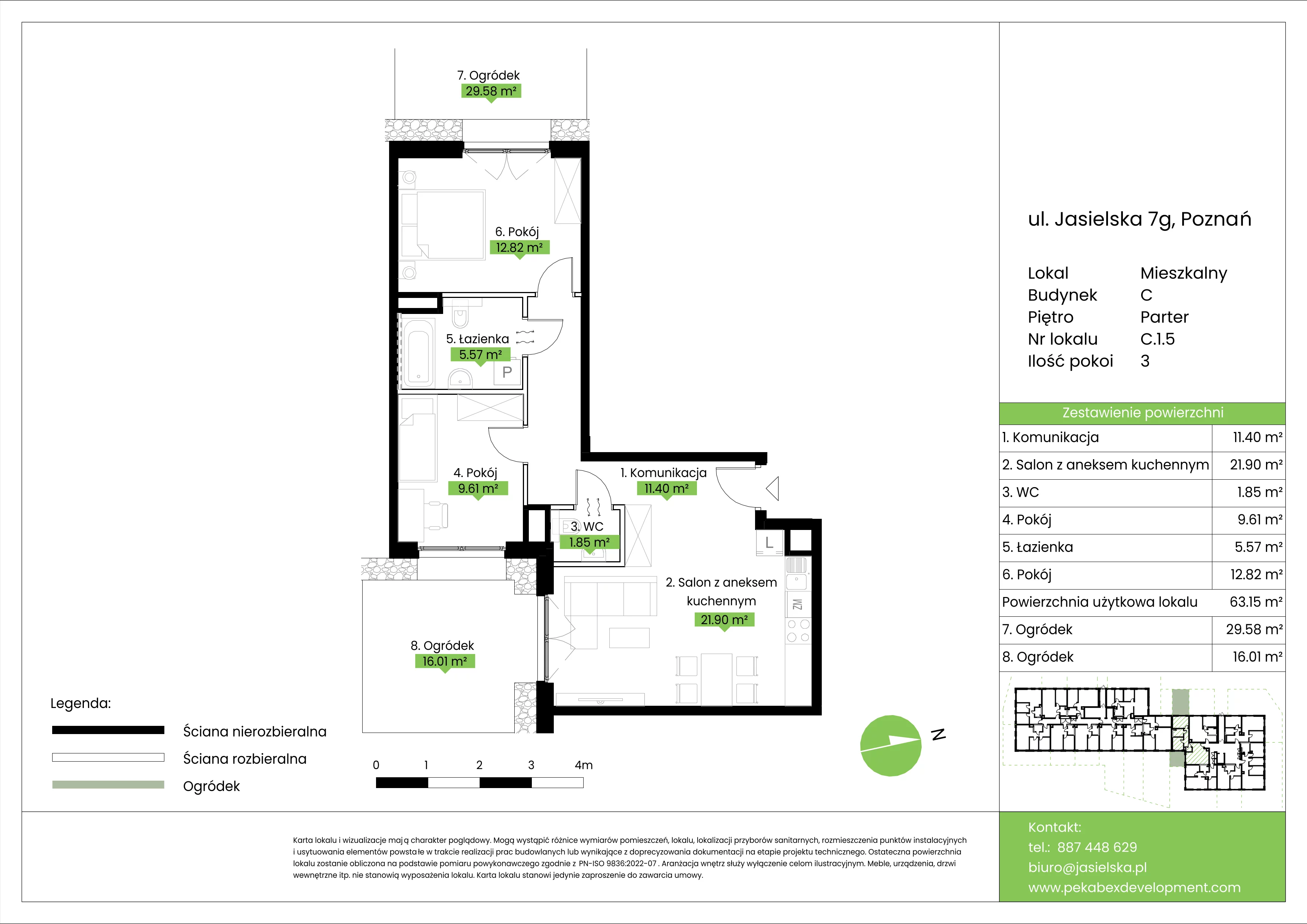 3 pokoje, mieszkanie 63,15 m², parter, oferta nr C.1.5, JA_SIELSKA etap V, Poznań, Podolany, Podolany, ul. Jasielska