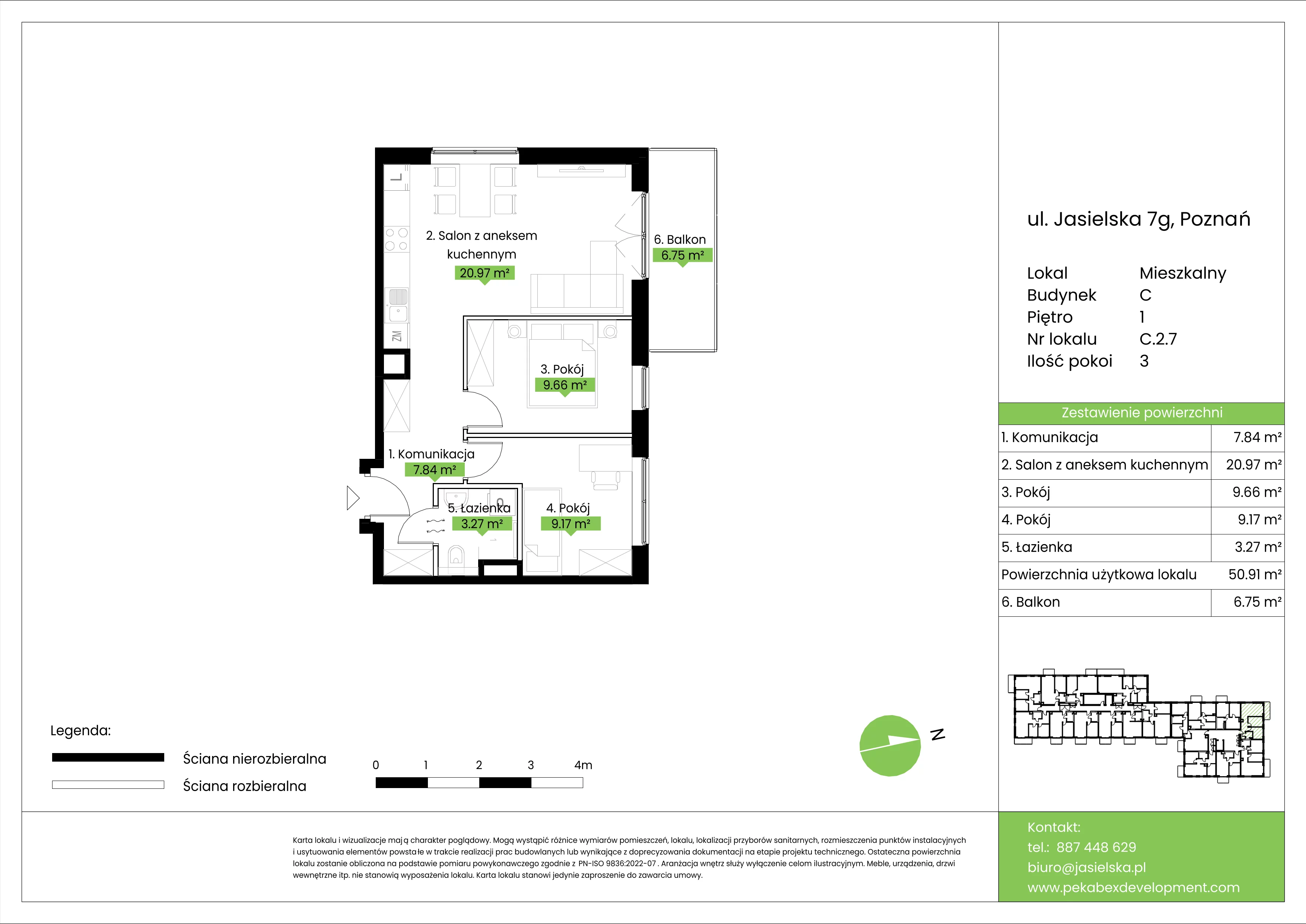 3 pokoje, mieszkanie 50,91 m², piętro 1, oferta nr C.2.7, JA_SIELSKA etap V, Poznań, Podolany, Podolany, ul. Jasielska