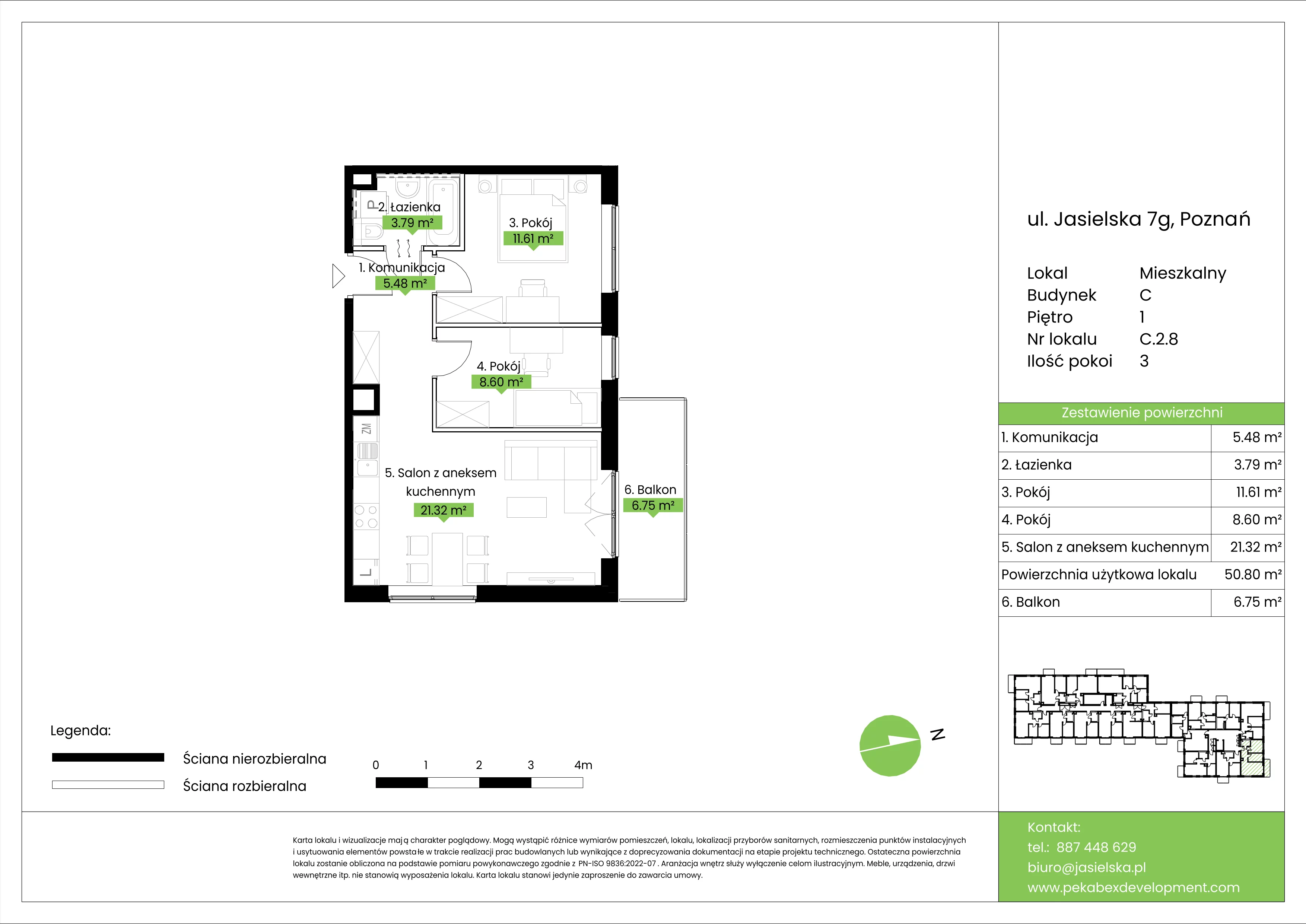 3 pokoje, mieszkanie 50,80 m², piętro 1, oferta nr C.2.8, JA_SIELSKA etap V, Poznań, Podolany, Podolany, ul. Jasielska