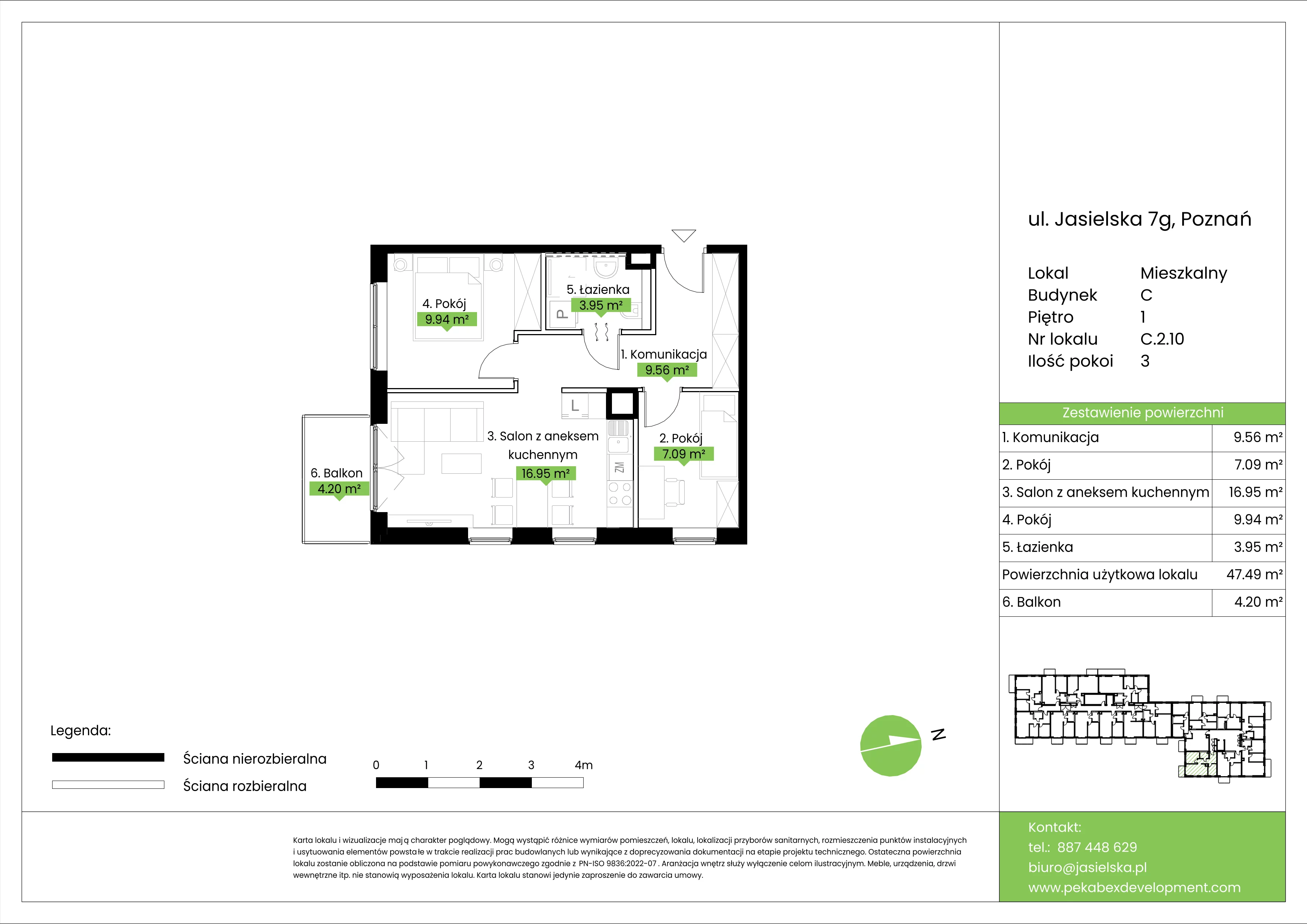 3 pokoje, mieszkanie 47,49 m², piętro 1, oferta nr C.2.10, JA_SIELSKA etap V, Poznań, Podolany, Podolany, ul. Jasielska