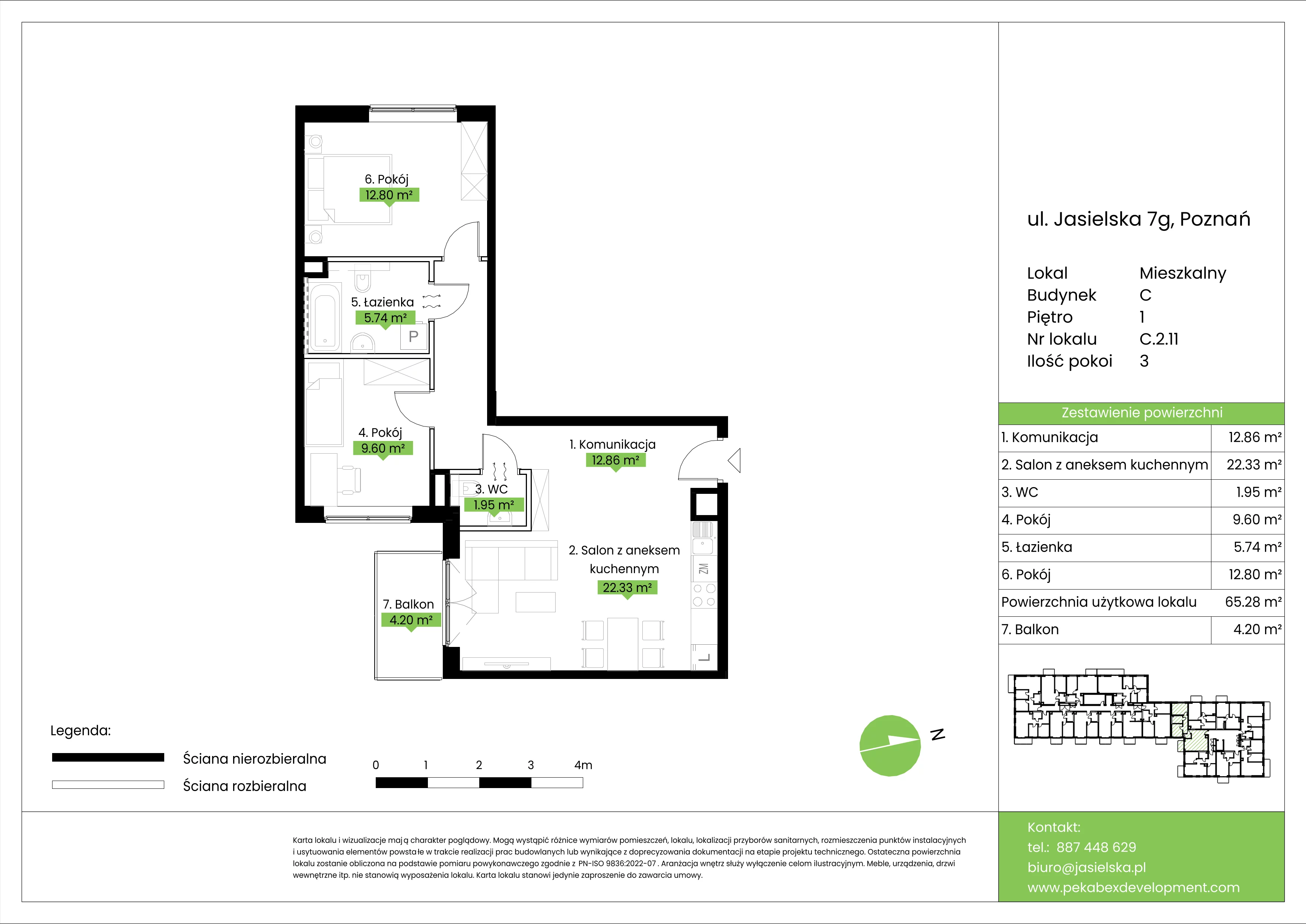 3 pokoje, mieszkanie 65,28 m², piętro 1, oferta nr C.2.11, JA_SIELSKA etap V, Poznań, Podolany, Podolany, ul. Jasielska