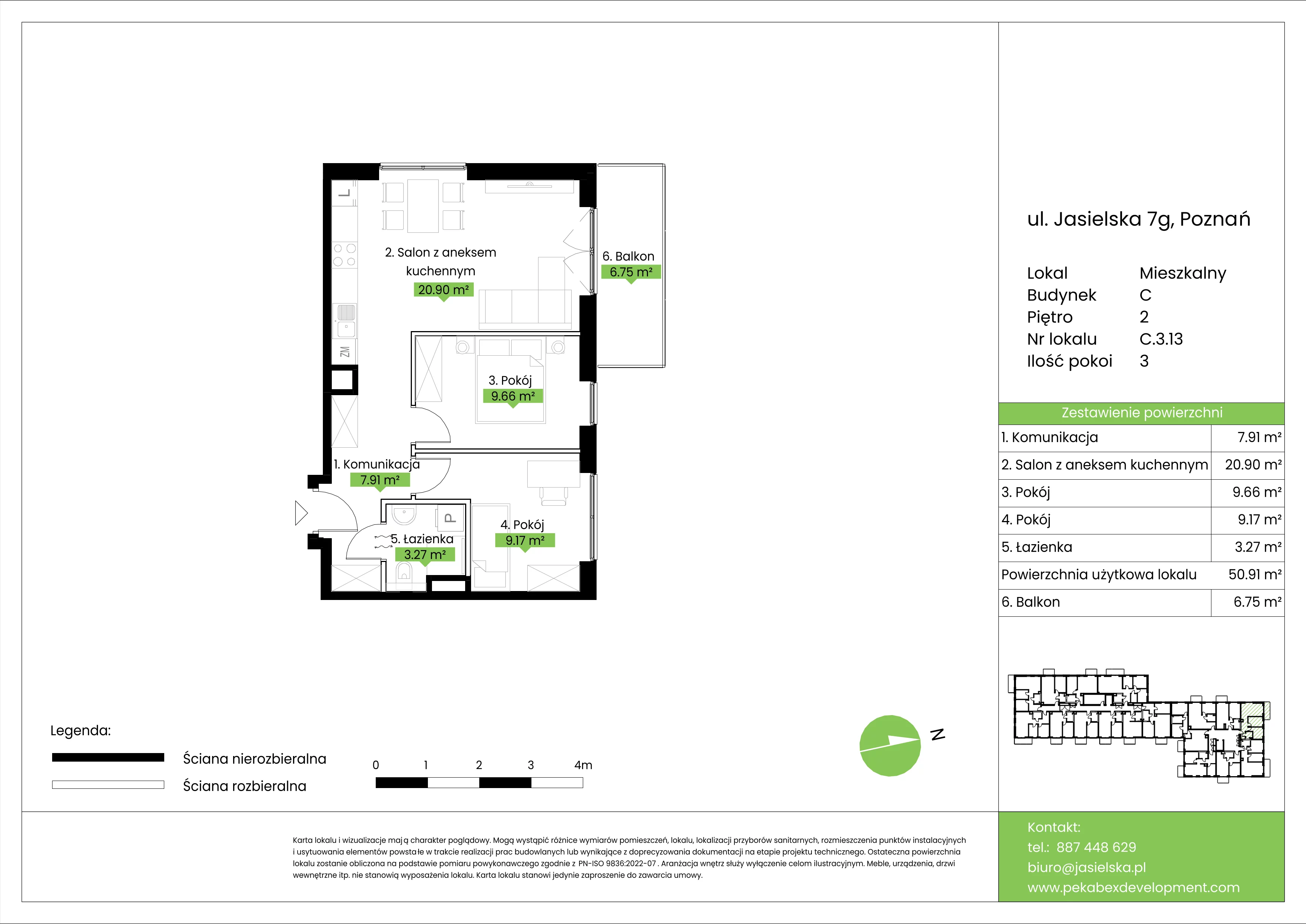 3 pokoje, mieszkanie 50,91 m², piętro 2, oferta nr C.3.13, JA_SIELSKA etap V, Poznań, Podolany, Podolany, ul. Jasielska