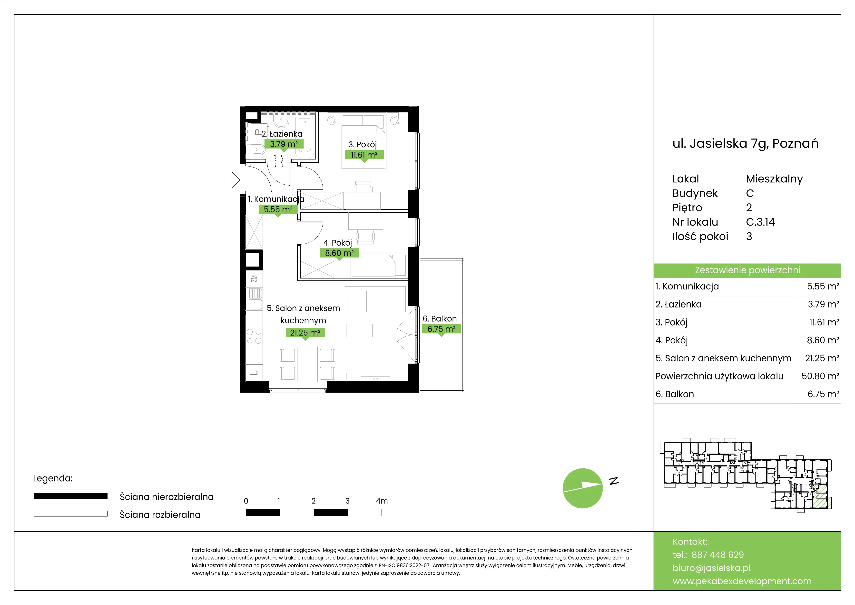 3 pokoje, mieszkanie 50,80 m², piętro 2, oferta nr C.3.14, JA_SIELSKA etap V, Poznań, Podolany, Podolany, ul. Jasielska
