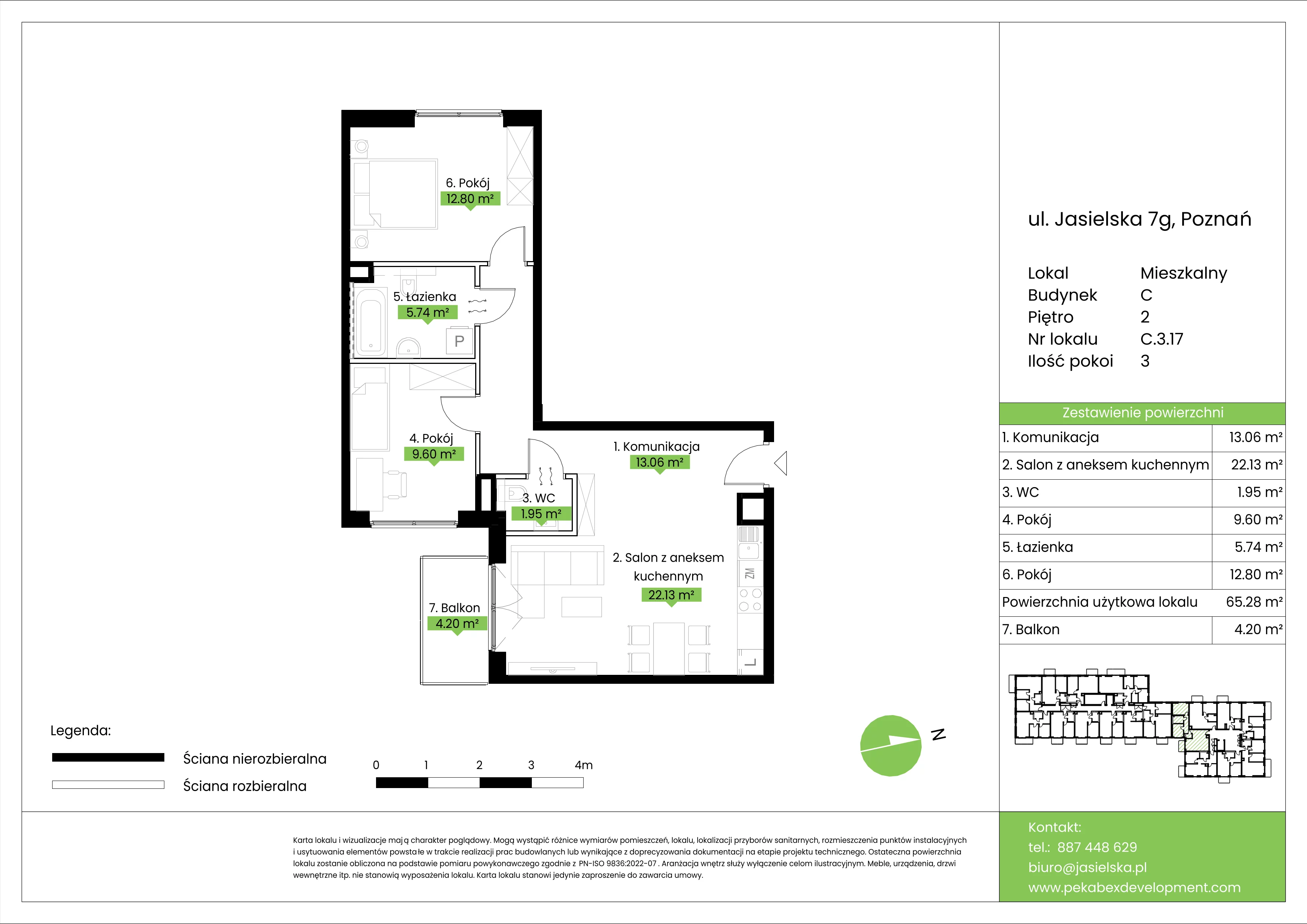 3 pokoje, mieszkanie 65,28 m², piętro 2, oferta nr C.3.17, JA_SIELSKA etap V, Poznań, Podolany, Podolany, ul. Jasielska