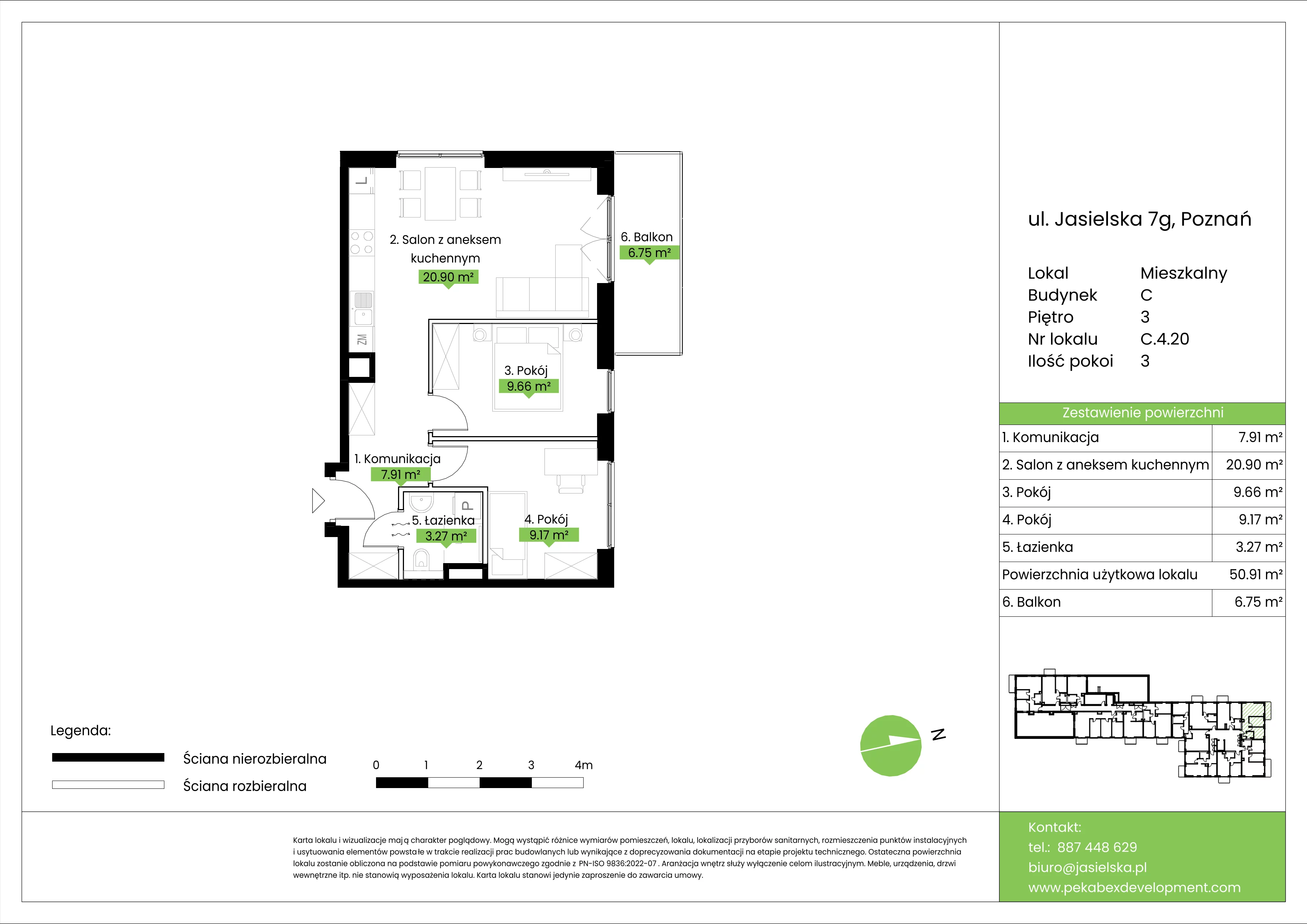 3 pokoje, mieszkanie 50,91 m², piętro 3, oferta nr C.4.20, JA_SIELSKA etap V, Poznań, Podolany, Podolany, ul. Jasielska