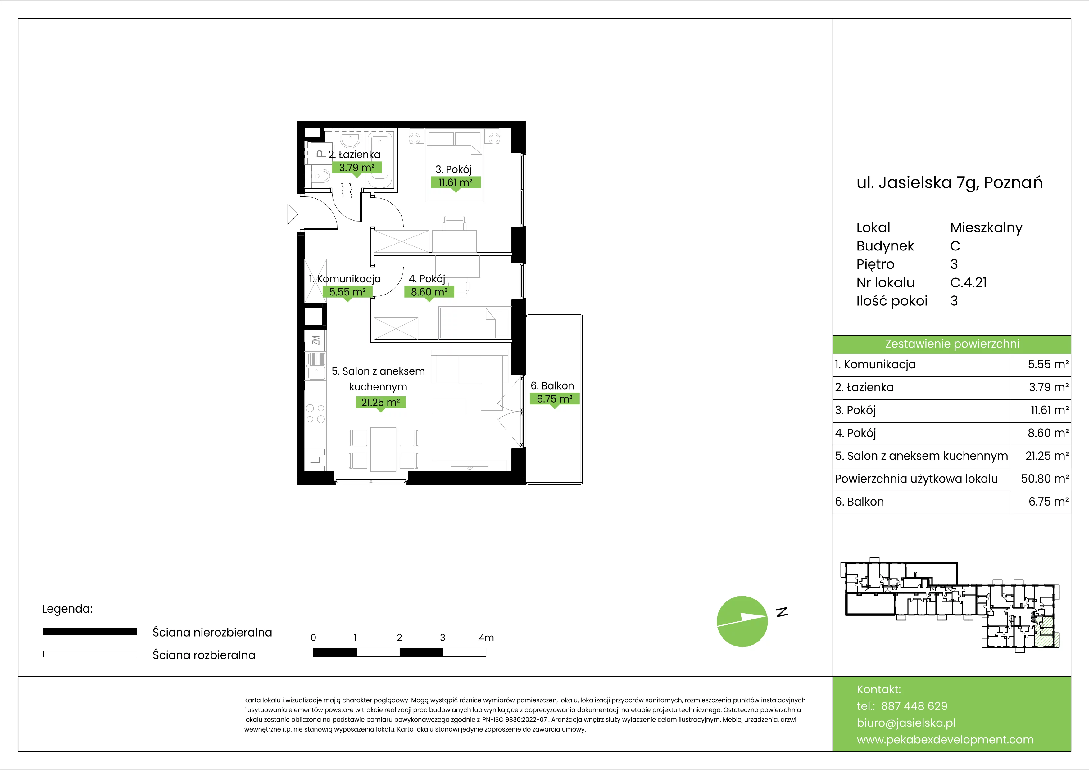 3 pokoje, mieszkanie 50,80 m², piętro 3, oferta nr C.4.21, JA_SIELSKA etap V, Poznań, Podolany, Podolany, ul. Jasielska