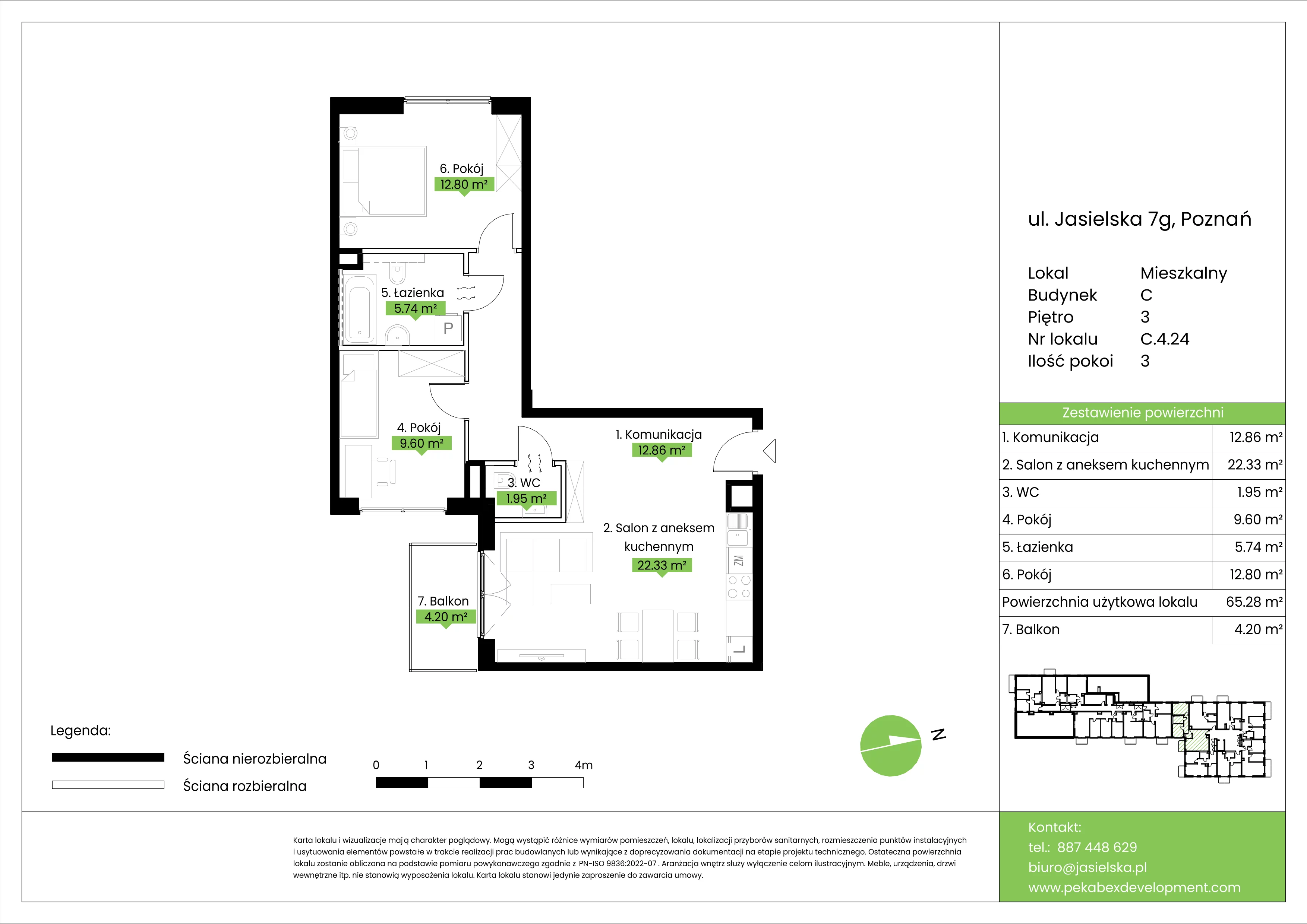 3 pokoje, mieszkanie 65,28 m², piętro 3, oferta nr C.4.24, JA_SIELSKA etap V, Poznań, Podolany, Podolany, ul. Jasielska