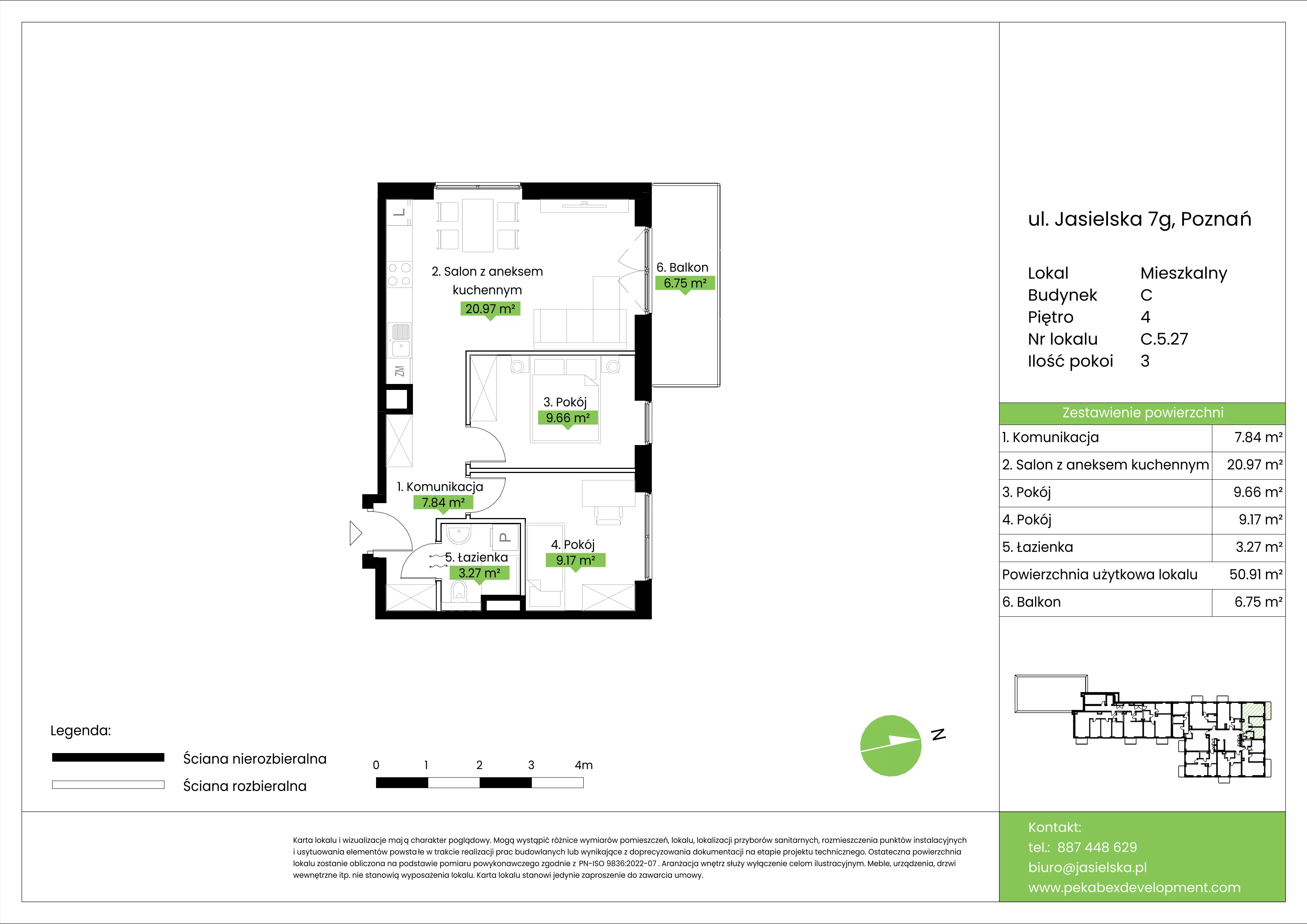 3 pokoje, mieszkanie 50,91 m², piętro 4, oferta nr C.5.27, JA_SIELSKA etap V, Poznań, Podolany, Podolany, ul. Jasielska