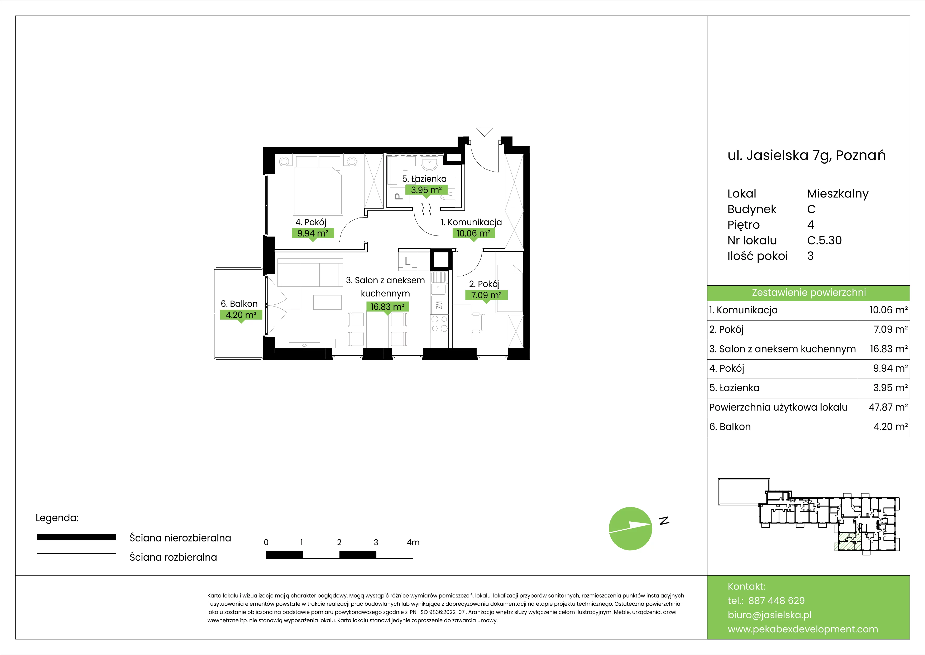 3 pokoje, mieszkanie 47,87 m², piętro 4, oferta nr C.5.30, JA_SIELSKA etap V, Poznań, Podolany, Podolany, ul. Jasielska
