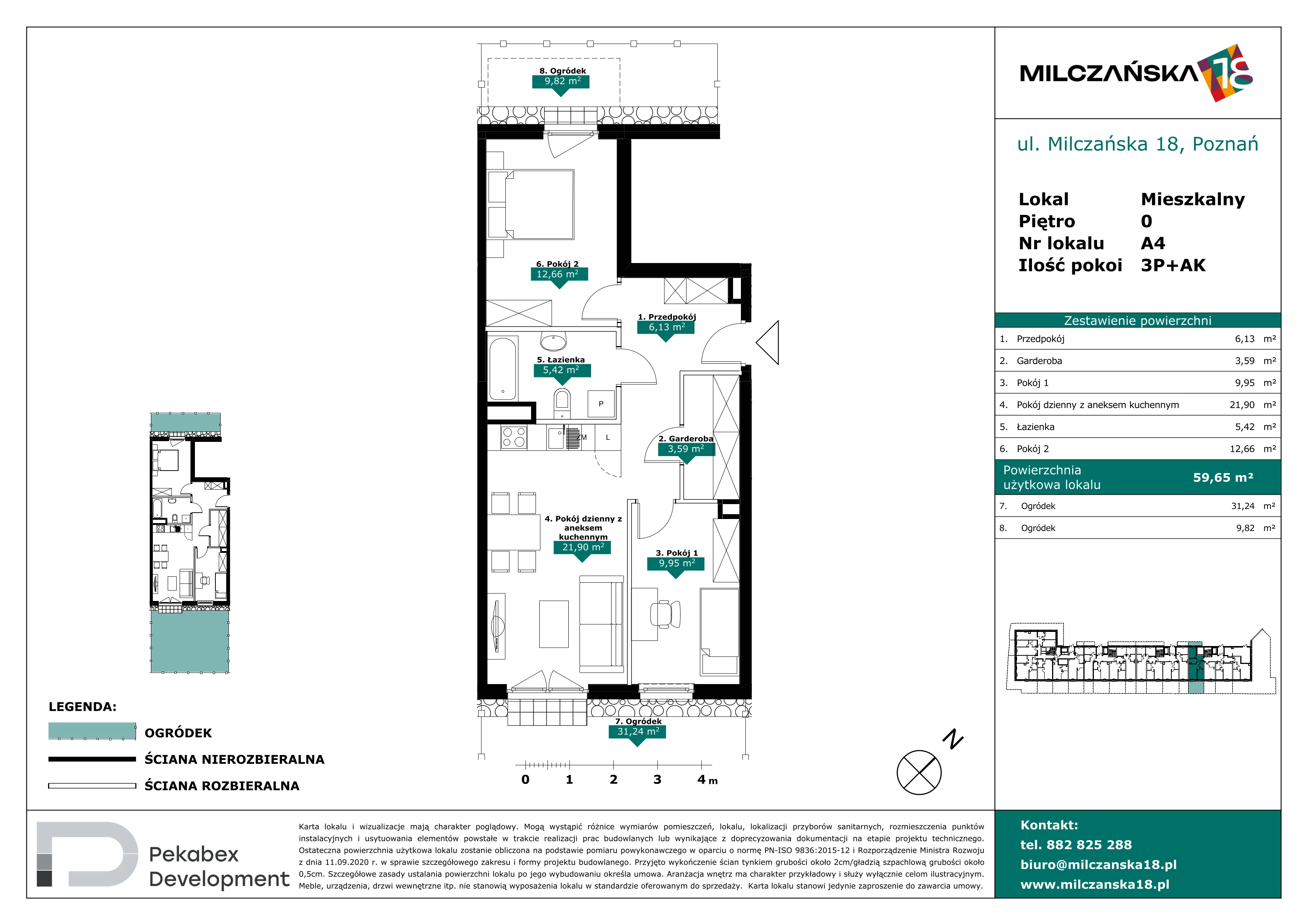 3 pokoje, mieszkanie 59,65 m², parter, oferta nr A4, Milczańska 18, Poznań, Rataje, Łacina, ul. Milczańska 18