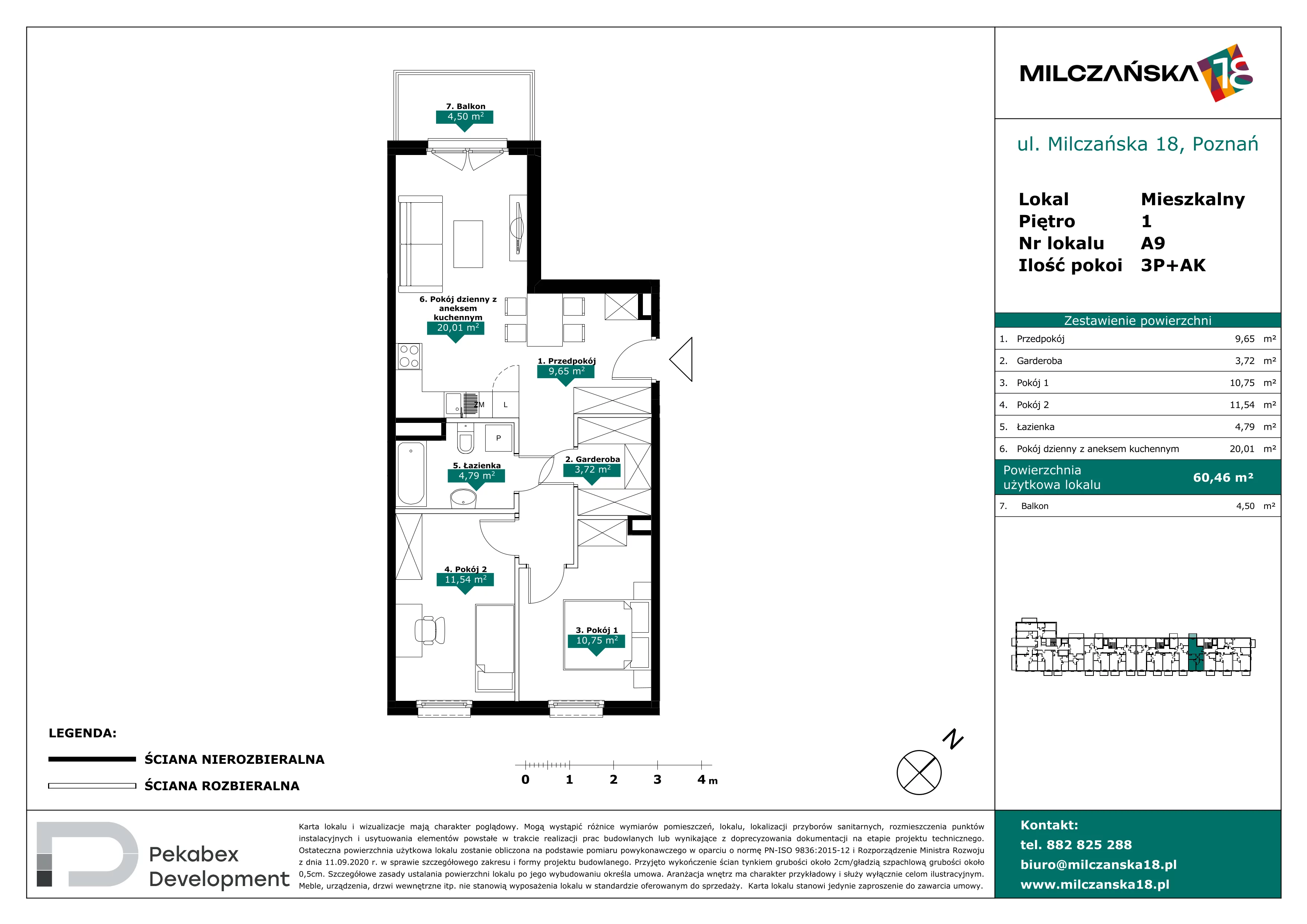 3 pokoje, mieszkanie 60,46 m², piętro 1, oferta nr A9, Milczańska 18, Poznań, Rataje, Łacina, ul. Milczańska 18
