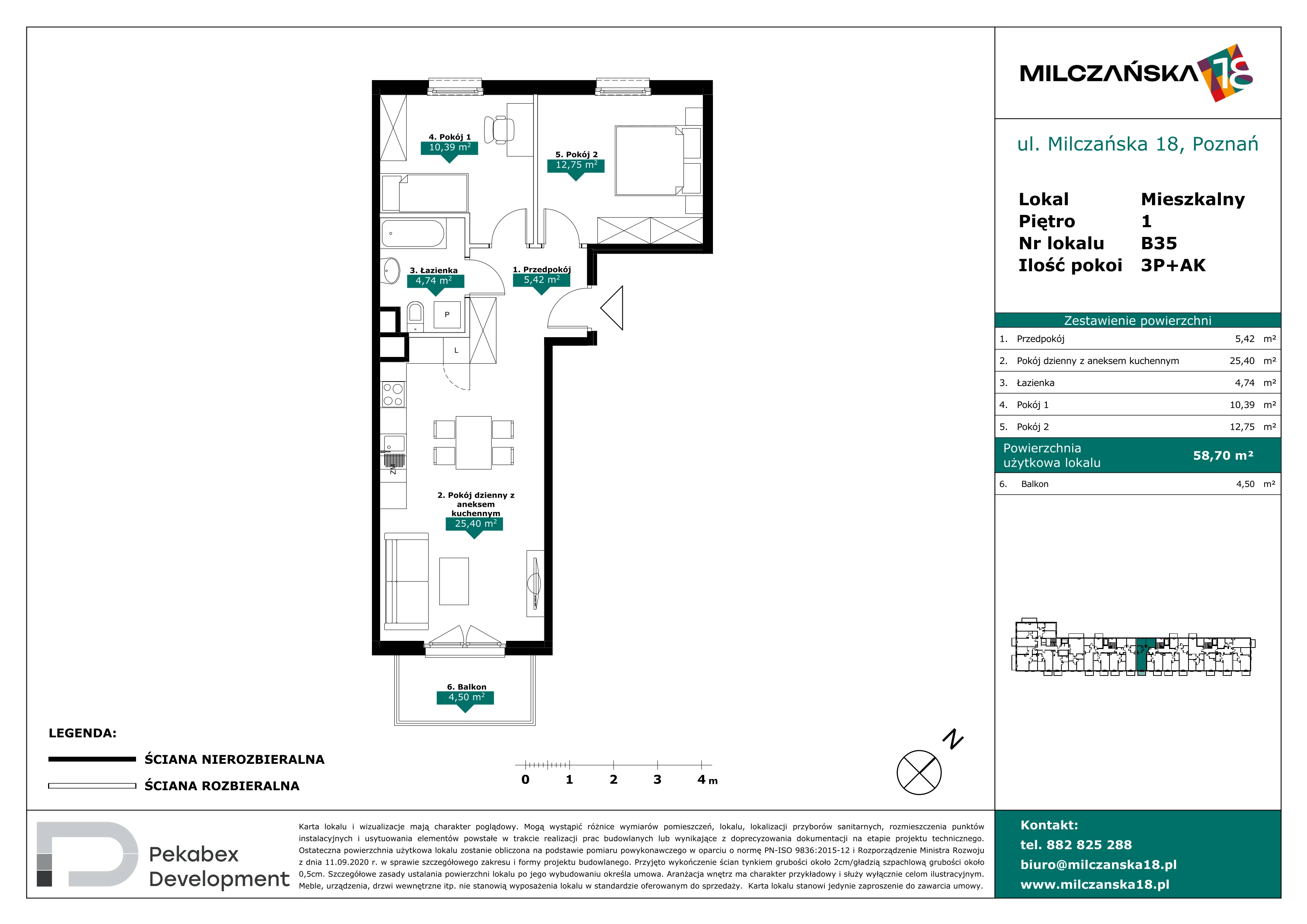 3 pokoje, mieszkanie 58,70 m², piętro 1, oferta nr B35, Milczańska 18, Poznań, Rataje, Łacina, ul. Milczańska 18