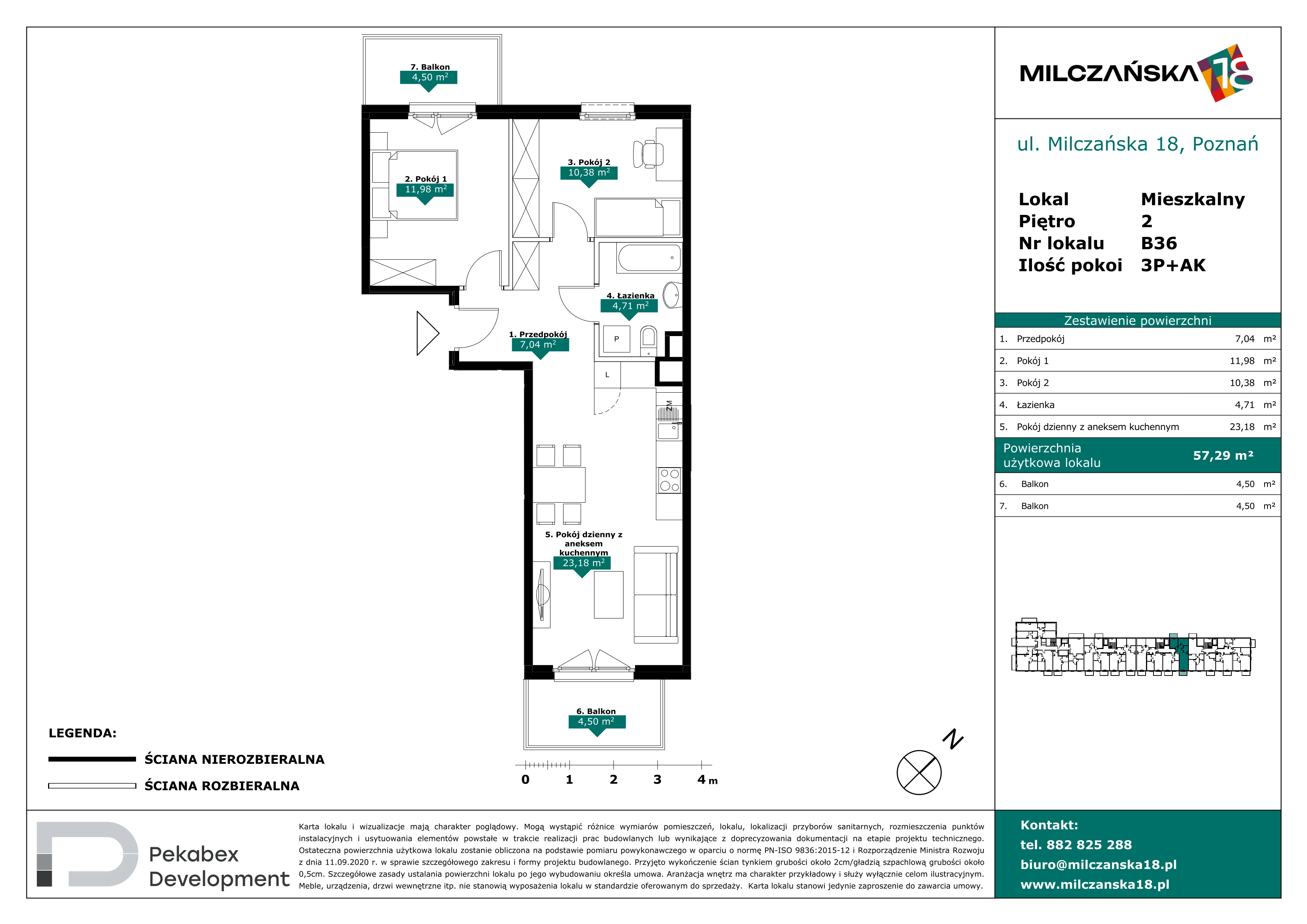 3 pokoje, mieszkanie 57,29 m², piętro 2, oferta nr B36, Milczańska 18, Poznań, Rataje, Łacina, ul. Milczańska 18