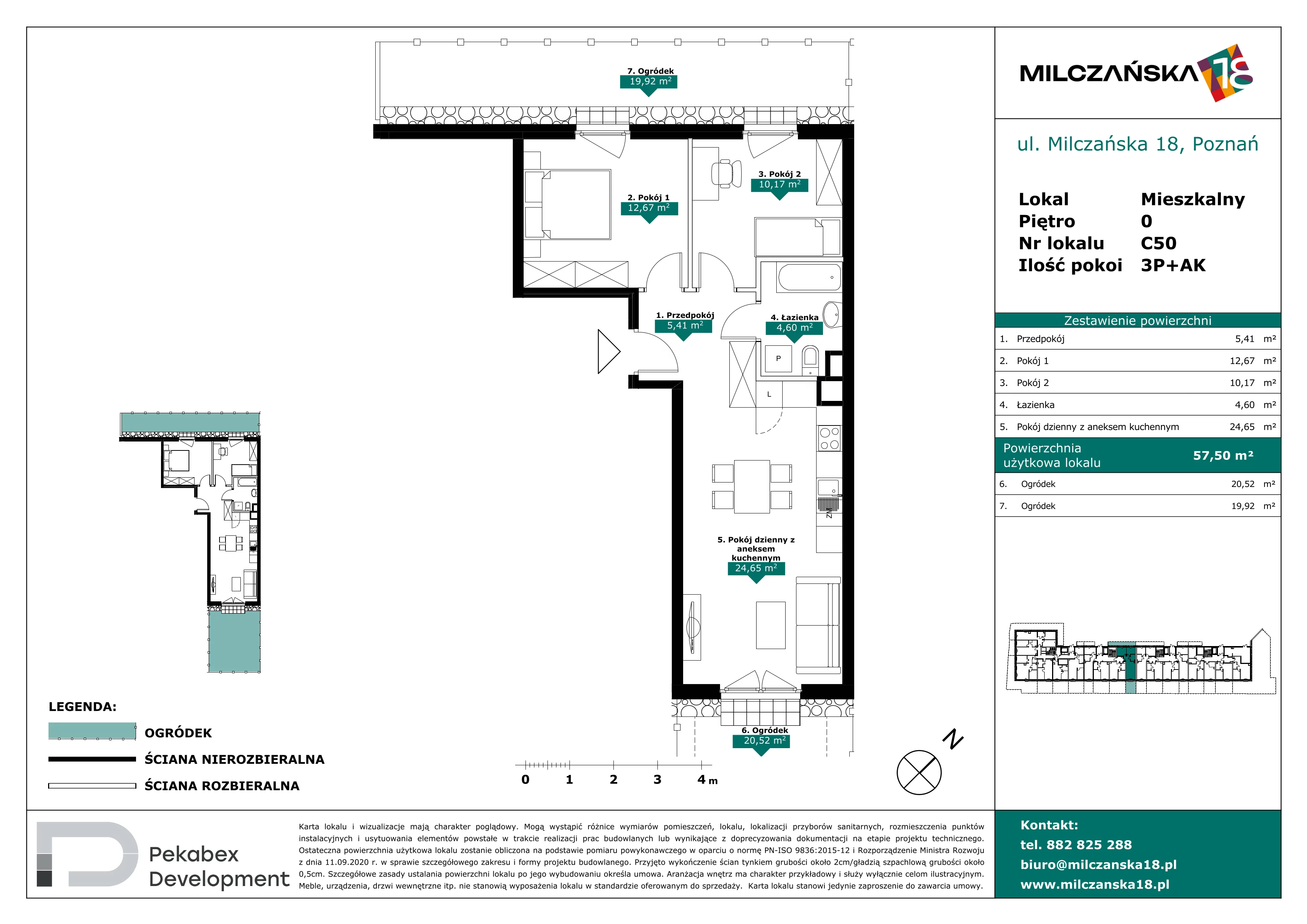 3 pokoje, mieszkanie 57,50 m², parter, oferta nr C50, Milczańska 18, Poznań, Rataje, Łacina, ul. Milczańska 18