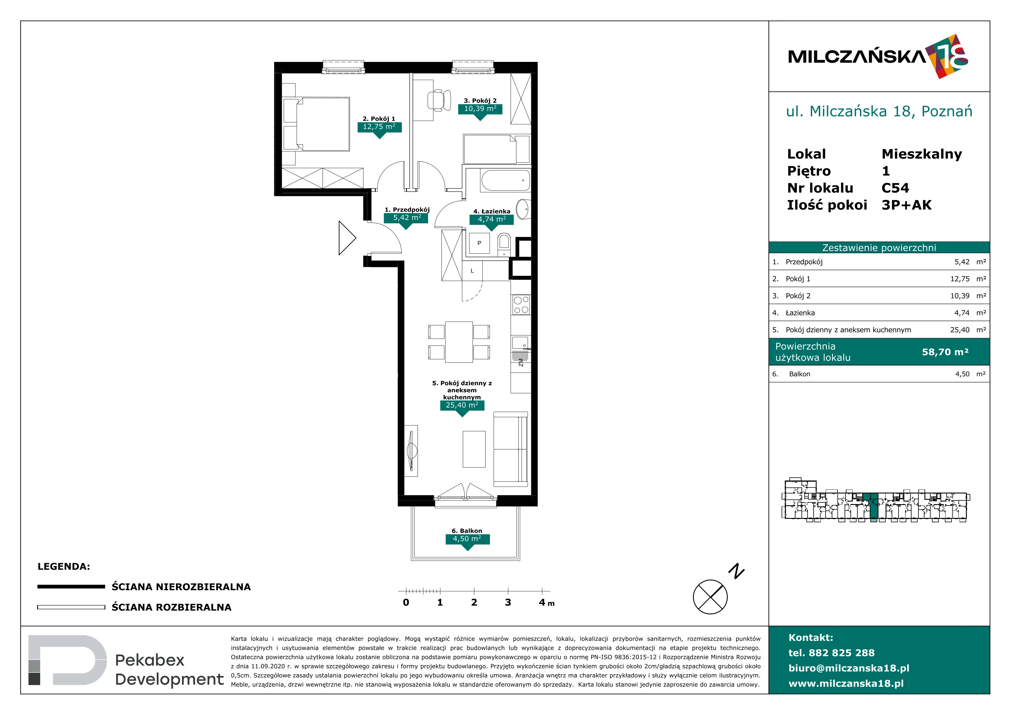 3 pokoje, mieszkanie 58,70 m², piętro 1, oferta nr C54, Milczańska 18, Poznań, Rataje, Łacina, ul. Milczańska 18