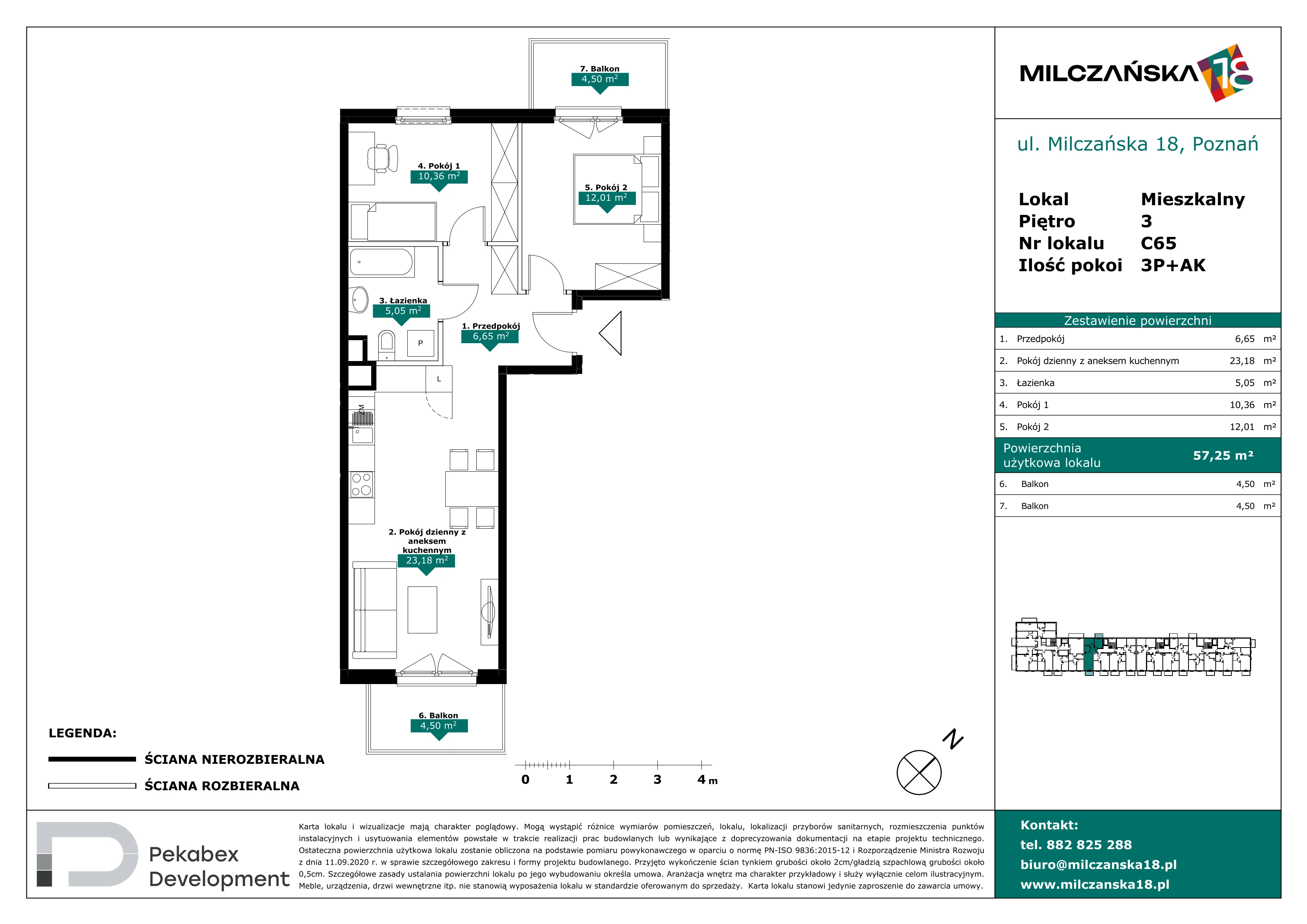 3 pokoje, mieszkanie 57,25 m², piętro 3, oferta nr C65, Milczańska 18, Poznań, Rataje, Łacina, ul. Milczańska 18