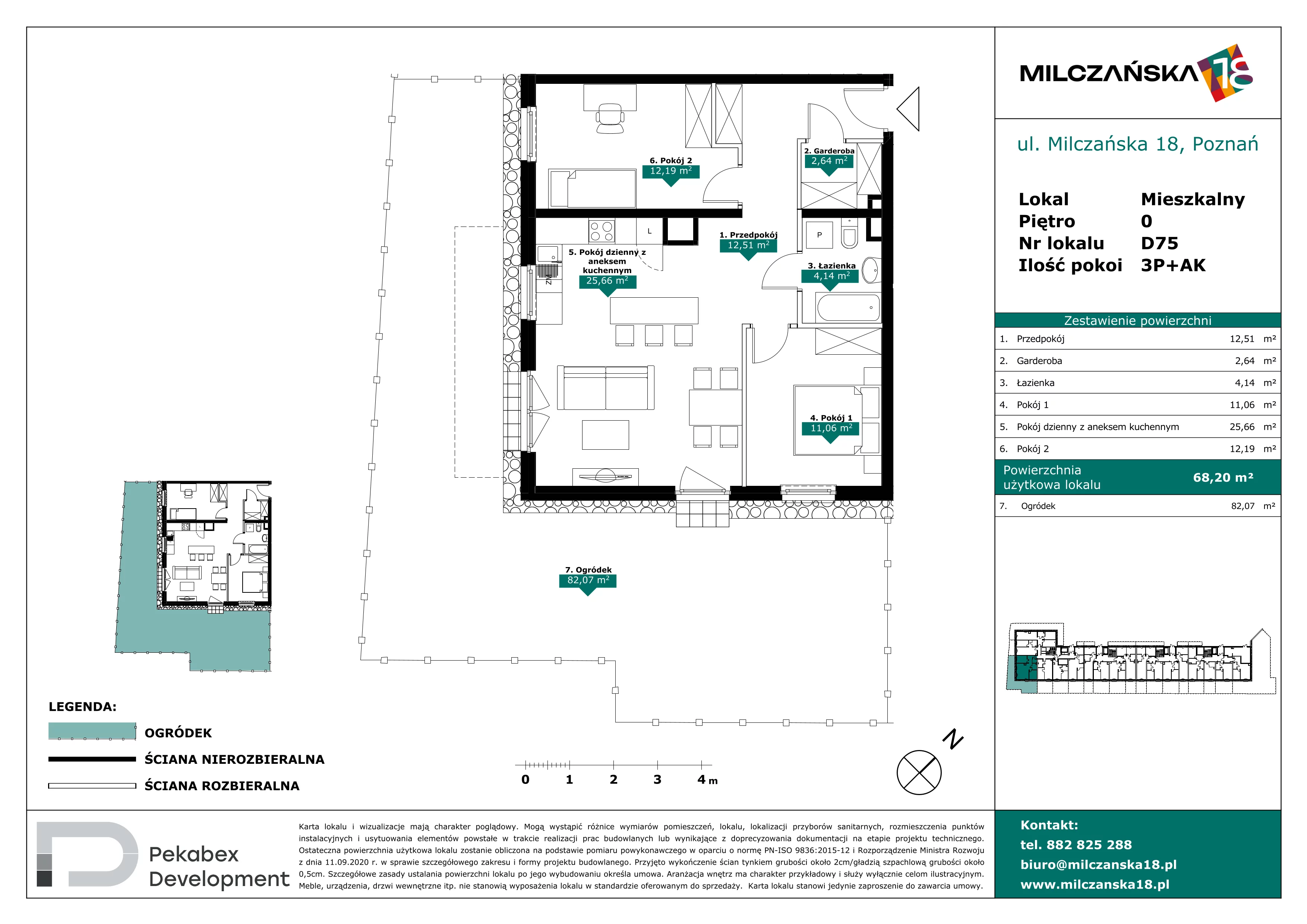 3 pokoje, mieszkanie 68,20 m², parter, oferta nr D75, Milczańska 18, Poznań, Rataje, Łacina, ul. Milczańska 18