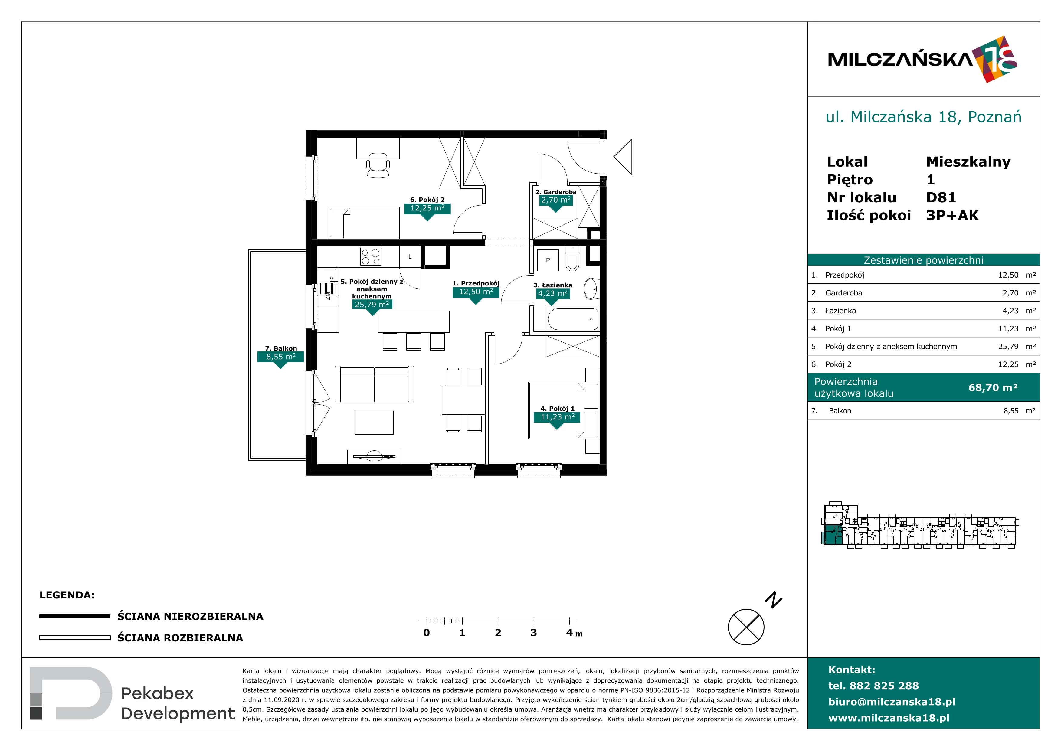 3 pokoje, mieszkanie 68,70 m², piętro 1, oferta nr D81, Milczańska 18, Poznań, Rataje, Łacina, ul. Milczańska 18