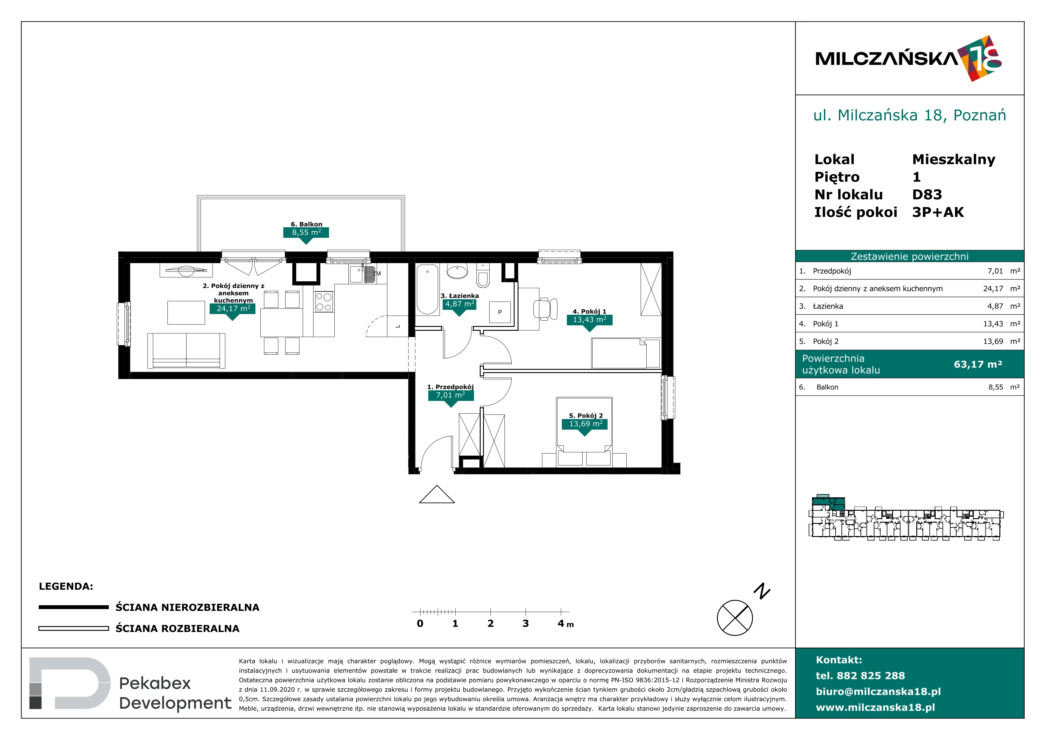 3 pokoje, mieszkanie 63,17 m², piętro 1, oferta nr D83, Milczańska 18, Poznań, Rataje, Łacina, ul. Milczańska 18