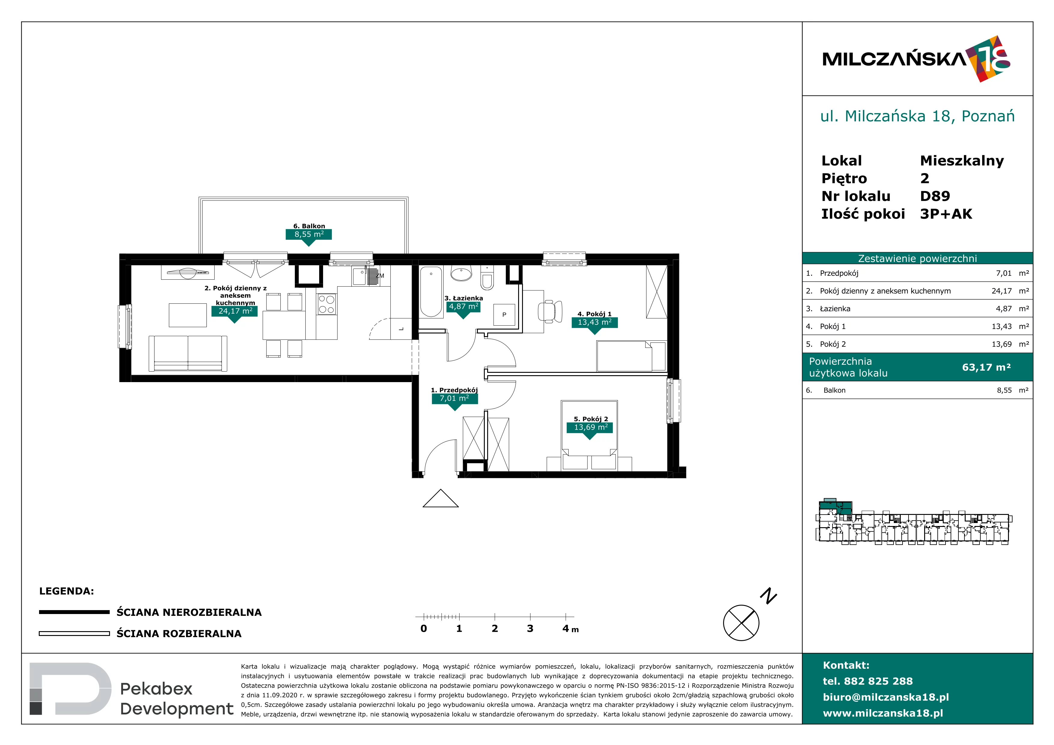 3 pokoje, mieszkanie 63,17 m², piętro 2, oferta nr D89, Milczańska 18, Poznań, Rataje, Łacina, ul. Milczańska 18