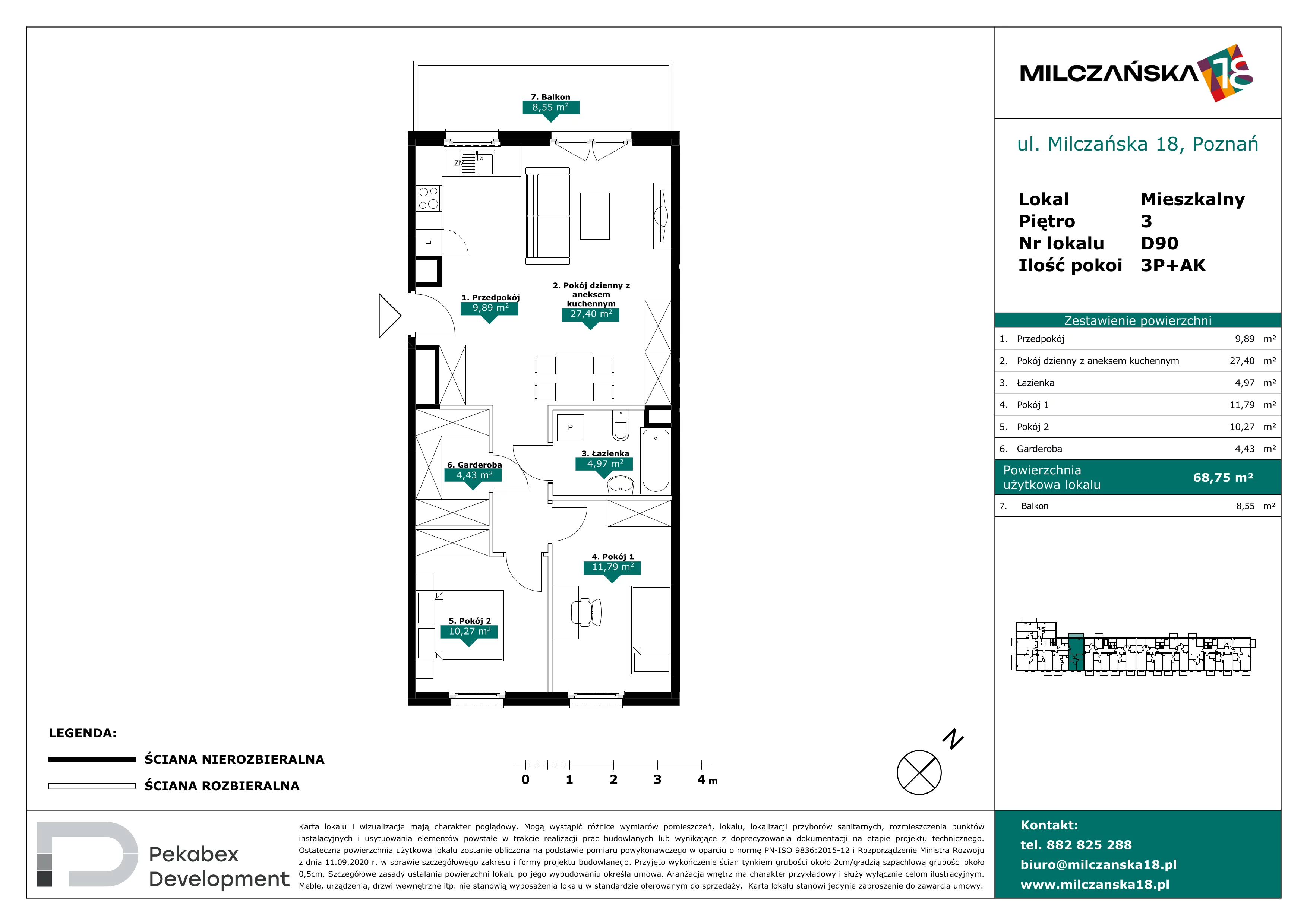 3 pokoje, mieszkanie 68,75 m², piętro 3, oferta nr D90, Milczańska 18, Poznań, Rataje, Łacina, ul. Milczańska 18
