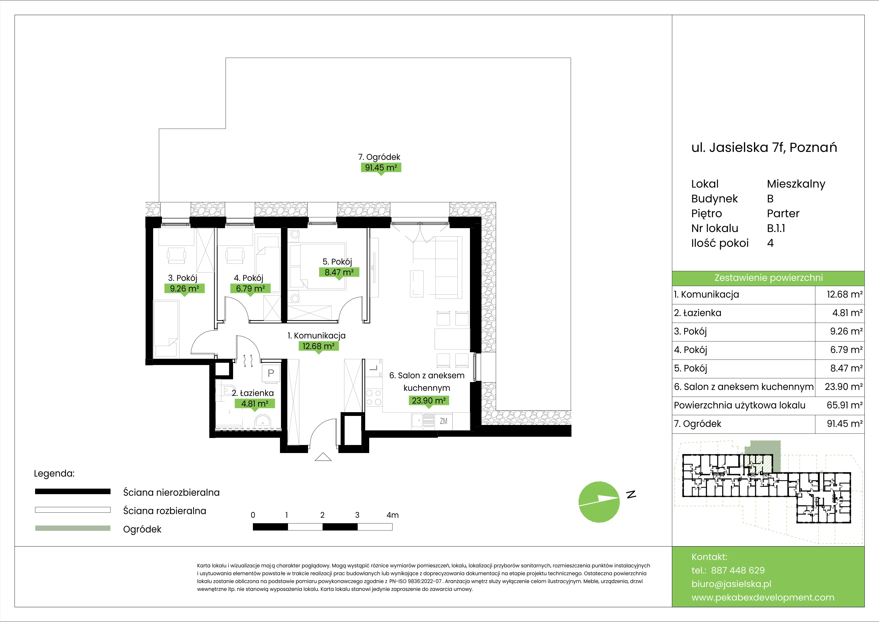 4 pokoje, mieszkanie 65,91 m², parter, oferta nr B.1.1, JA_SIELSKA etap V, Poznań, Podolany, Podolany, ul. Jasielska
