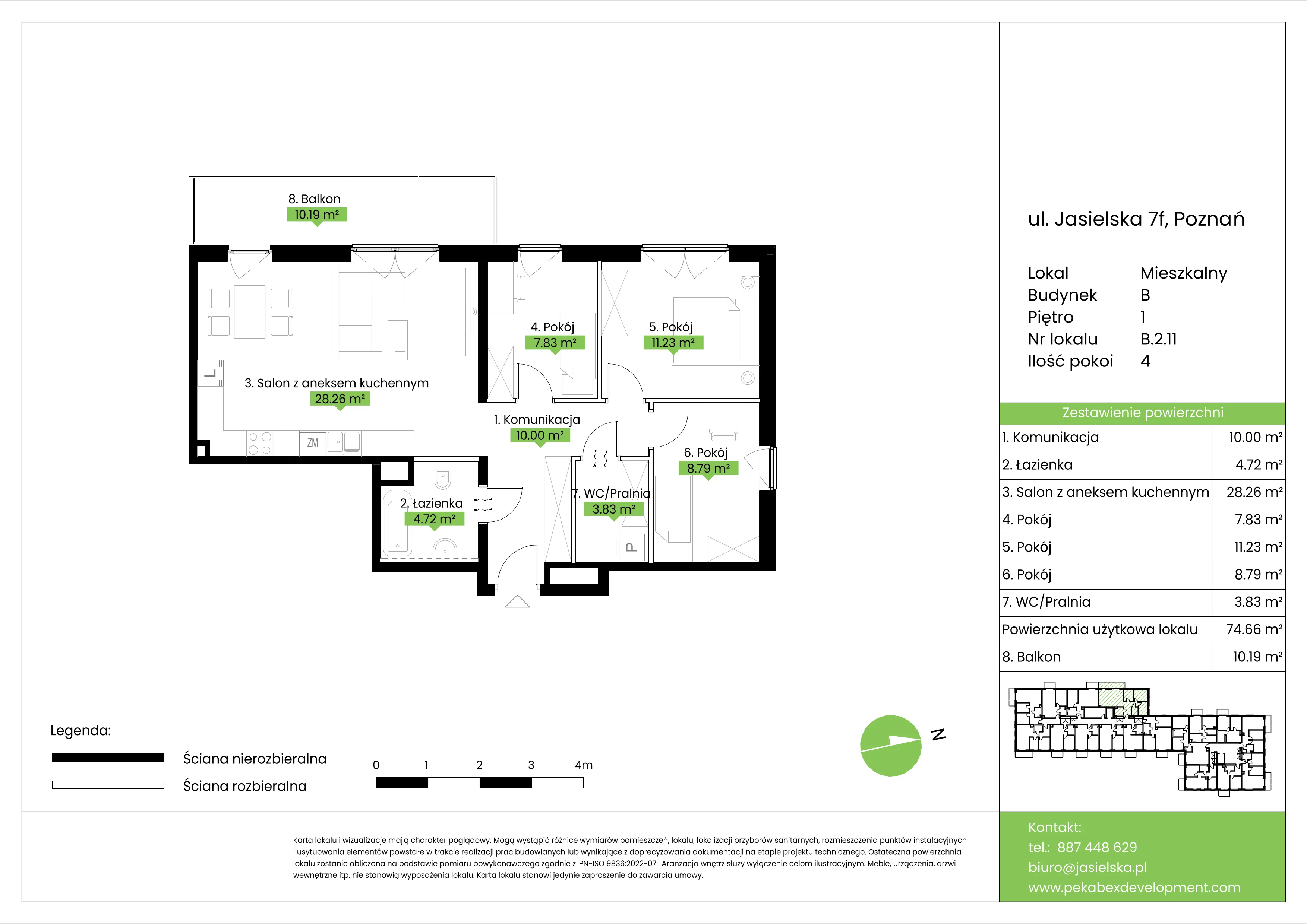4 pokoje, mieszkanie 74,66 m², piętro 1, oferta nr B.2.11, JA_SIELSKA etap V, Poznań, Podolany, Podolany, ul. Jasielska