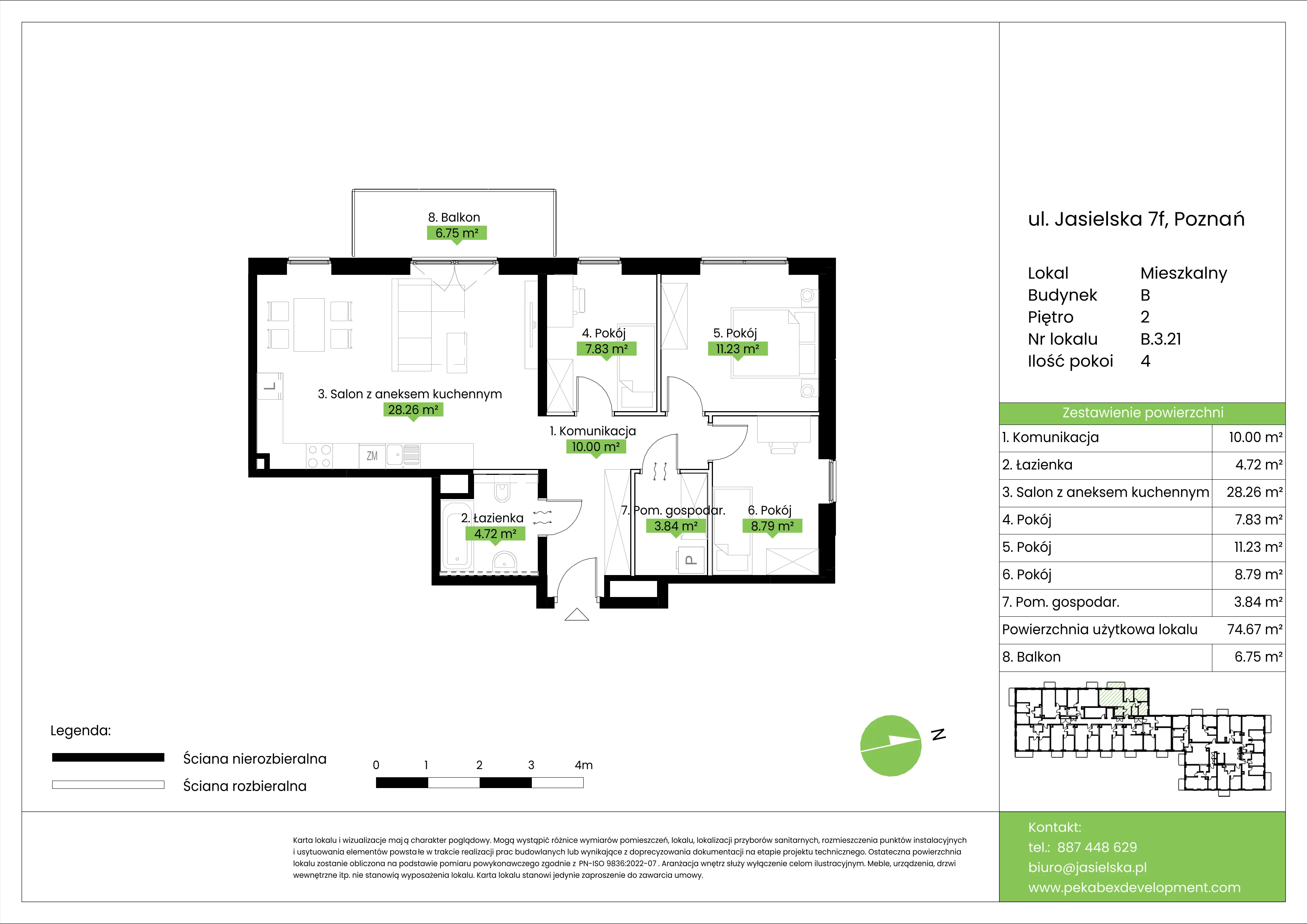 4 pokoje, mieszkanie 74,67 m², piętro 2, oferta nr B.3.21, JA_SIELSKA etap V, Poznań, Podolany, Podolany, ul. Jasielska