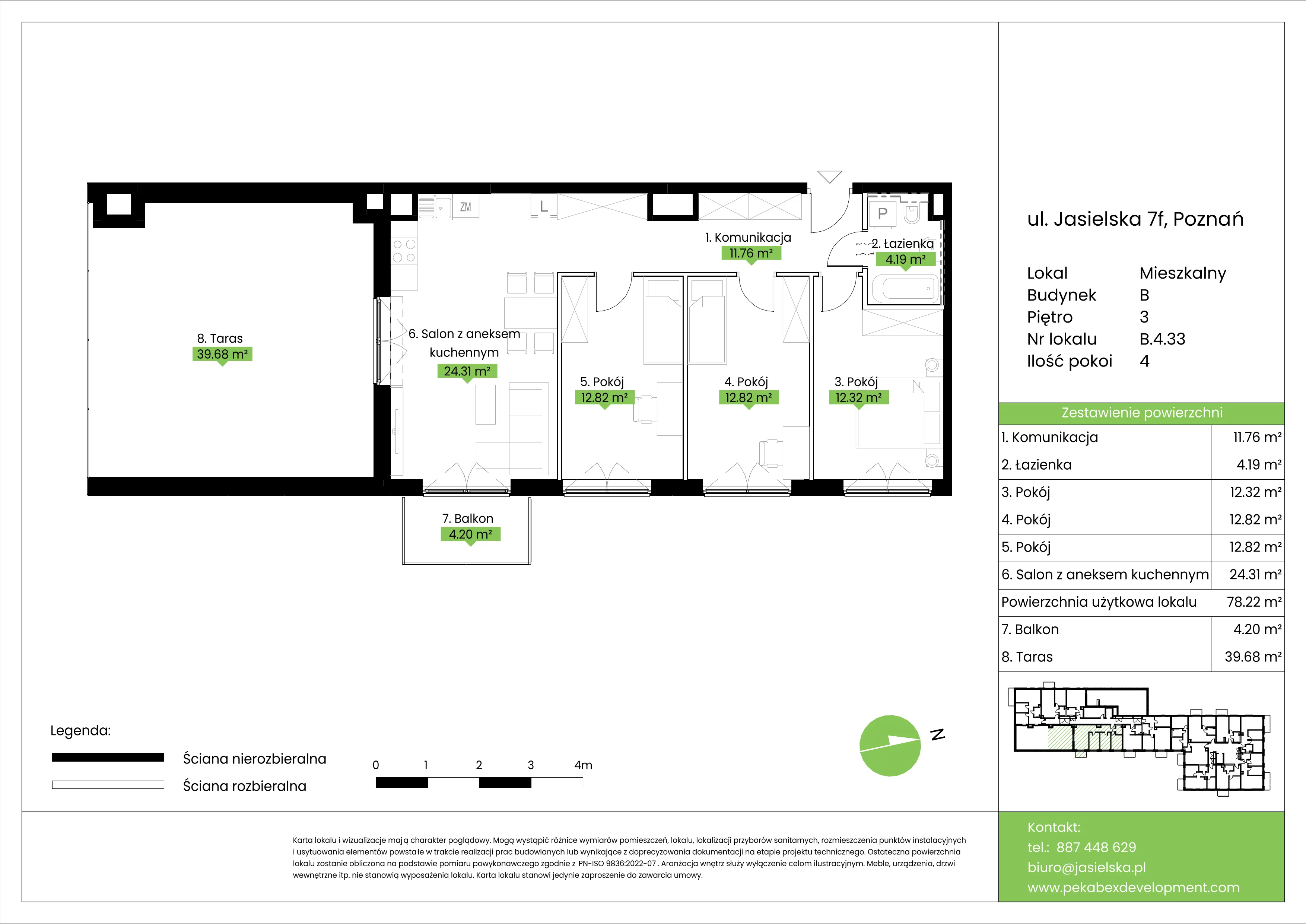 4 pokoje, mieszkanie 78,22 m², piętro 3, oferta nr B.4.33, JA_SIELSKA etap V, Poznań, Podolany, Podolany, ul. Jasielska
