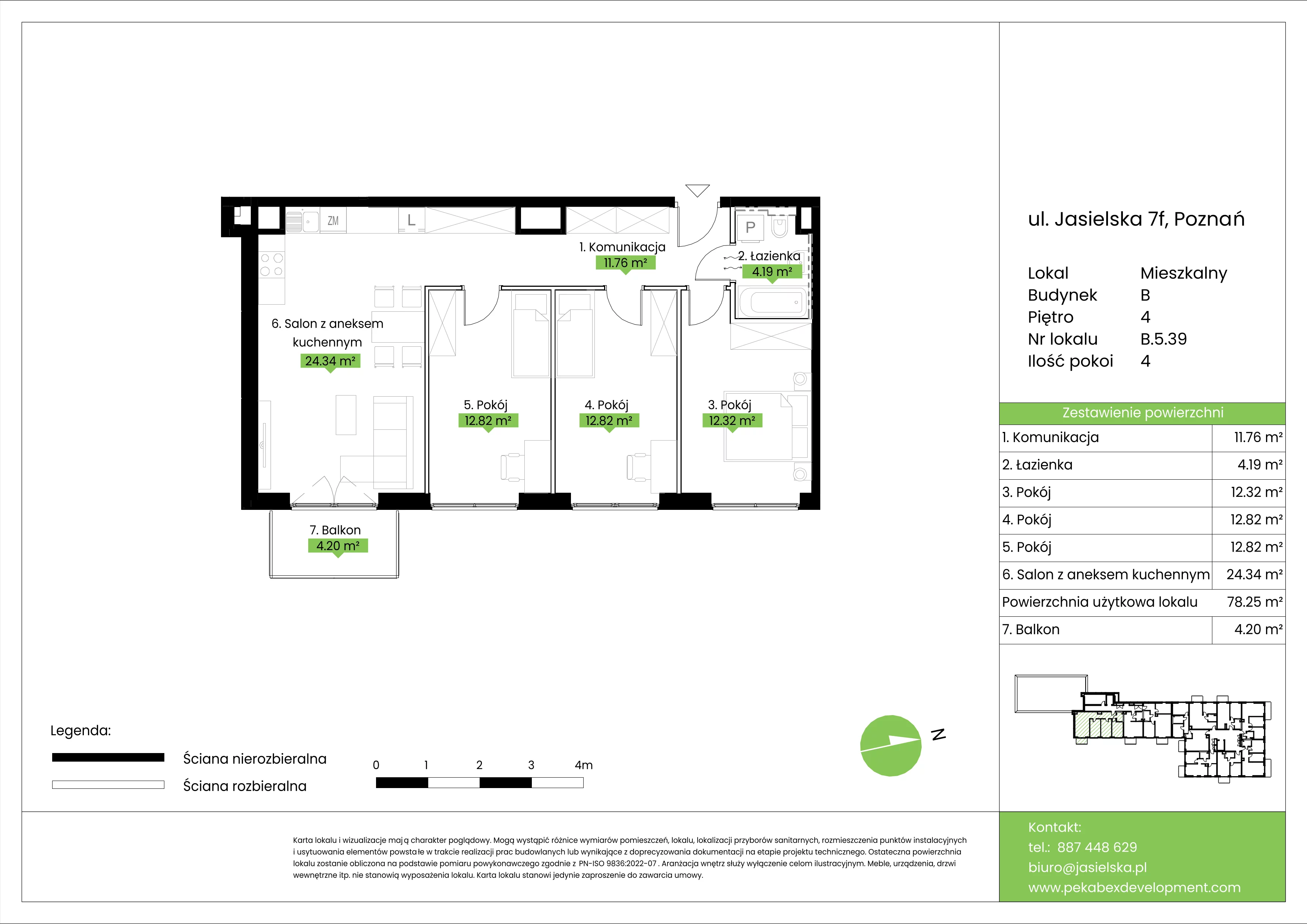 4 pokoje, mieszkanie 78,25 m², piętro 4, oferta nr B.5.39, JA_SIELSKA etap V, Poznań, Podolany, Podolany, ul. Jasielska