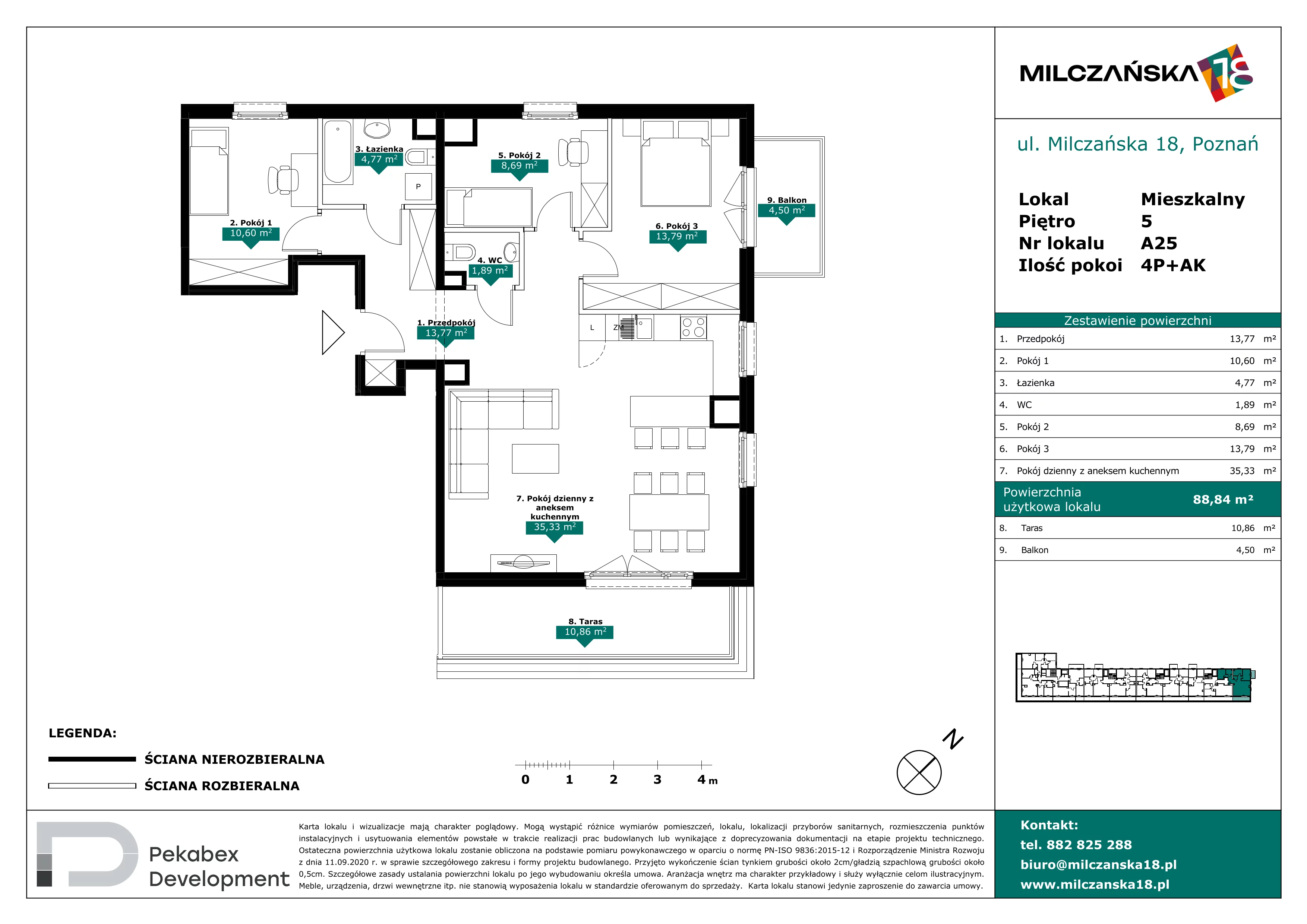 4 pokoje, mieszkanie 88,84 m², piętro 5, oferta nr A25, Milczańska 18, Poznań, Rataje, Łacina, ul. Milczańska 18